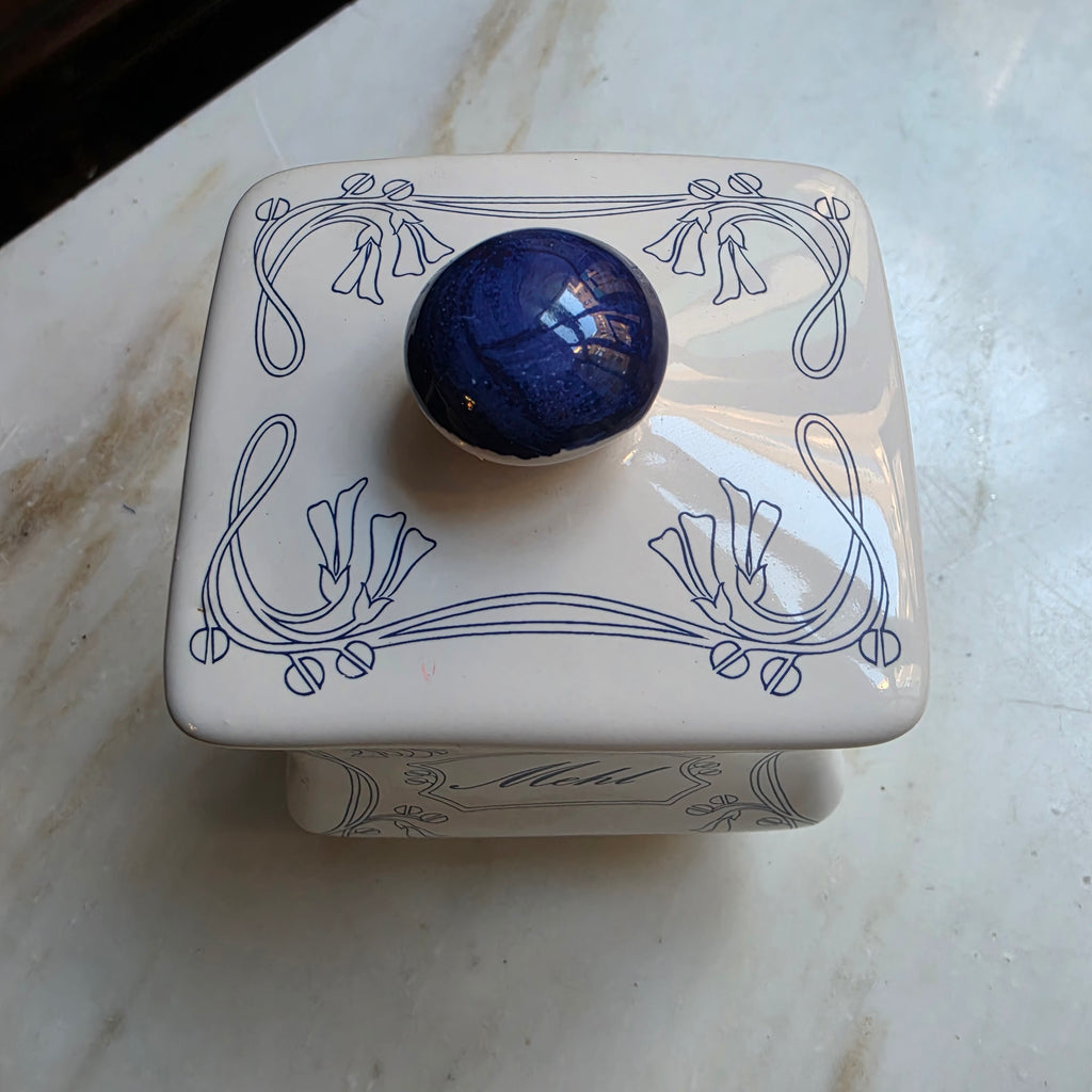 Alte Vorratsdose Biedermeier Stil Mehl weiß blau Porzellan