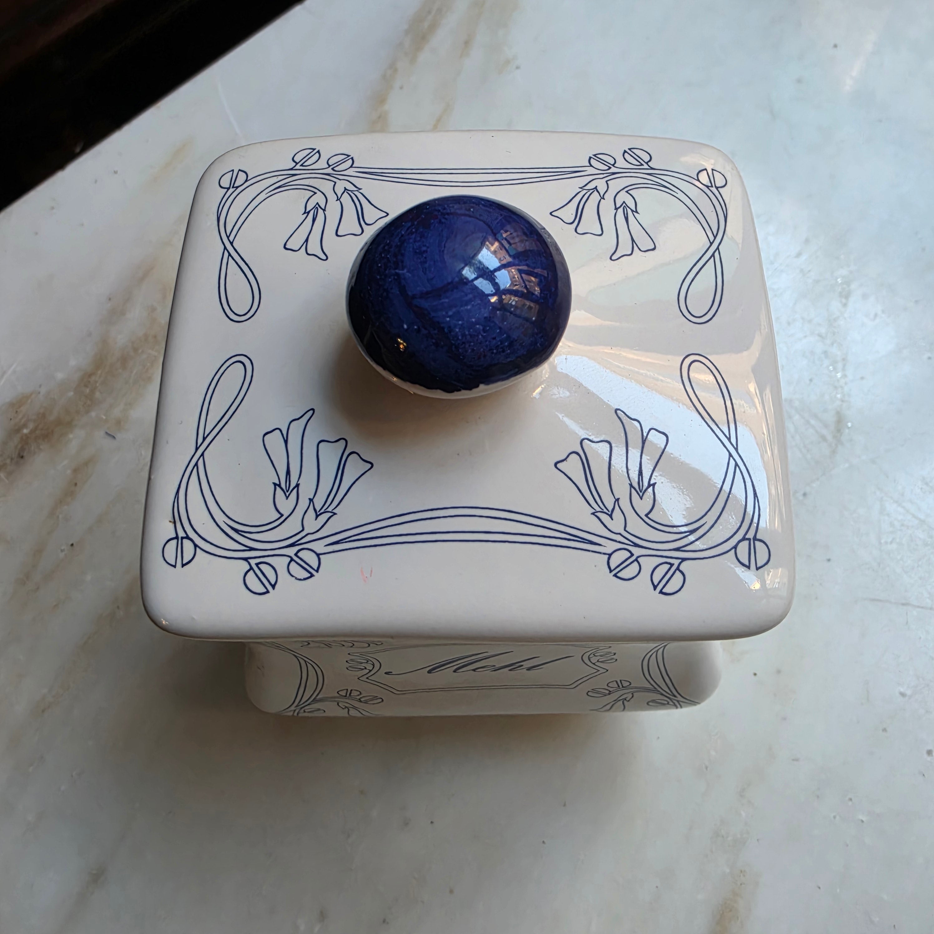 Alte Vorratsdose Biedermeier Stil Mehl weiß blau Porzellan