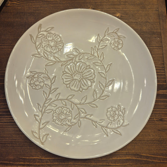 Großer Cremeweißer Keramik Teller mit Blumenmuster