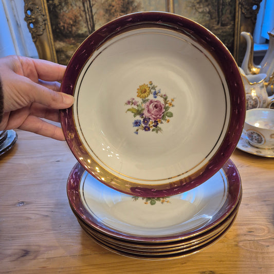 6x Antike tiefe Speiseteller Blumendekor weiß mit lila Goldrand