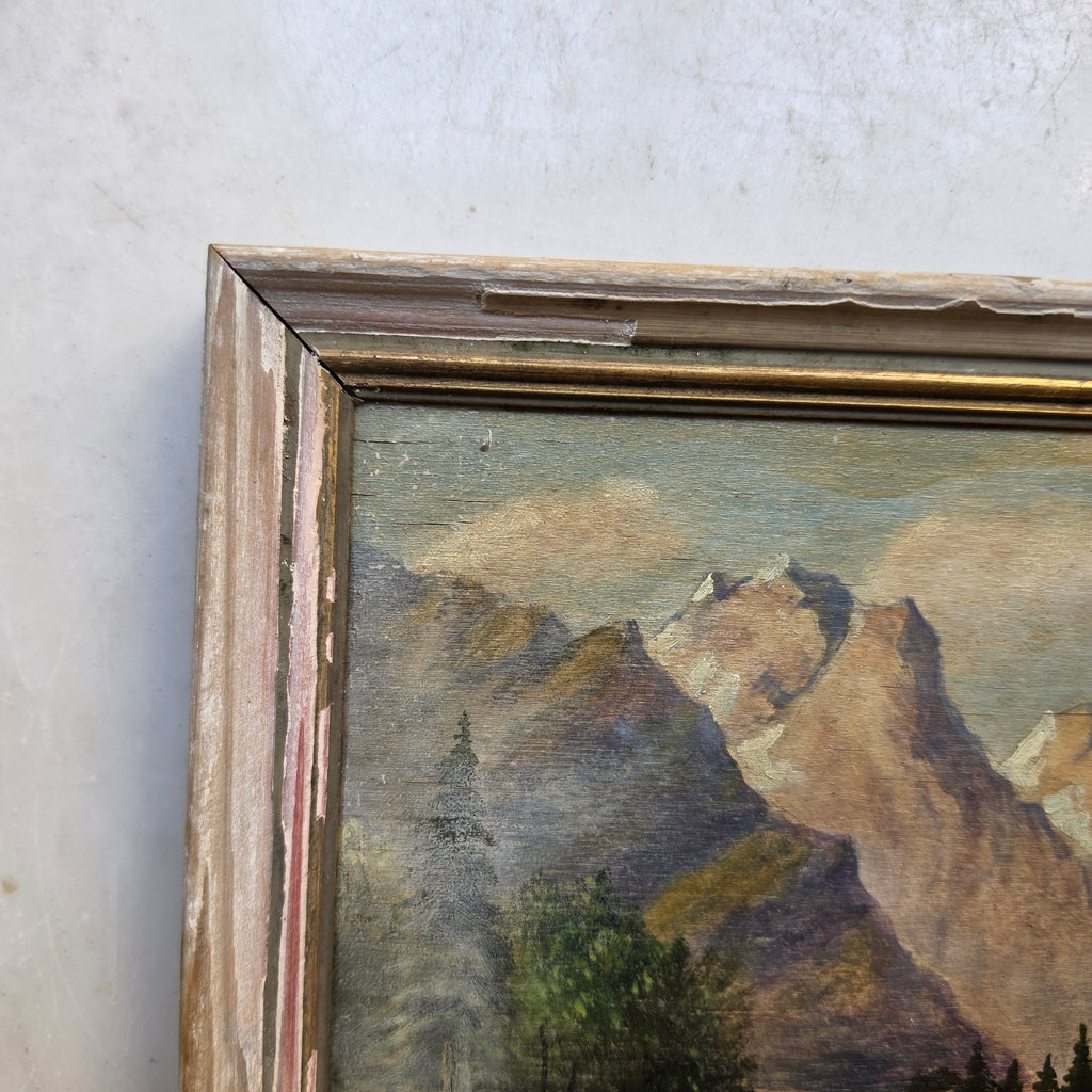 Antikes Ölgemälde „Alpenlandschaft mit Bergdorf & Bachlauf“ im rustikalen Vintage-Holzrahmen
