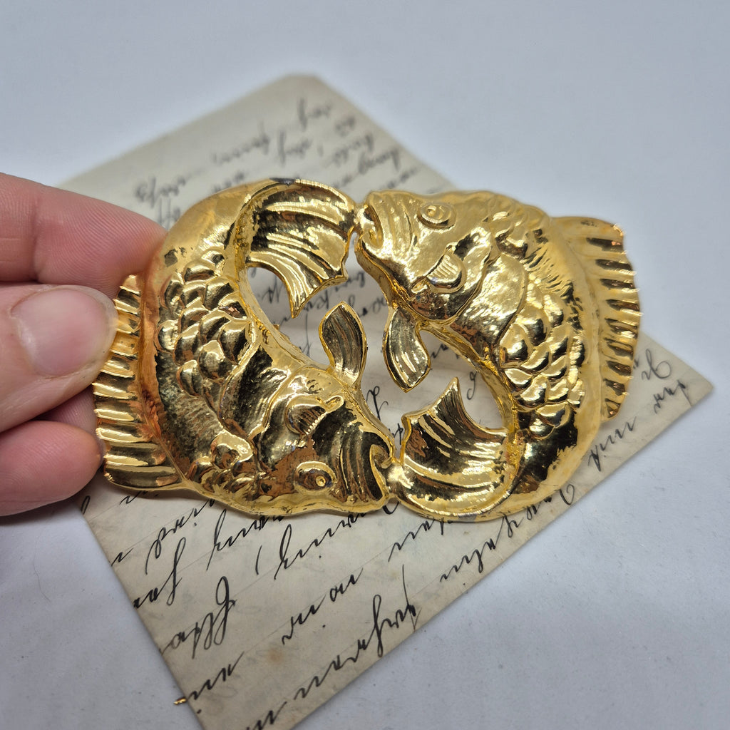 Vintage Gürtelschnalle Trachtenschnalle Taillengürtel aus den 80ern-Handmade aus Berlin gold Fische Horoskop Sternbild