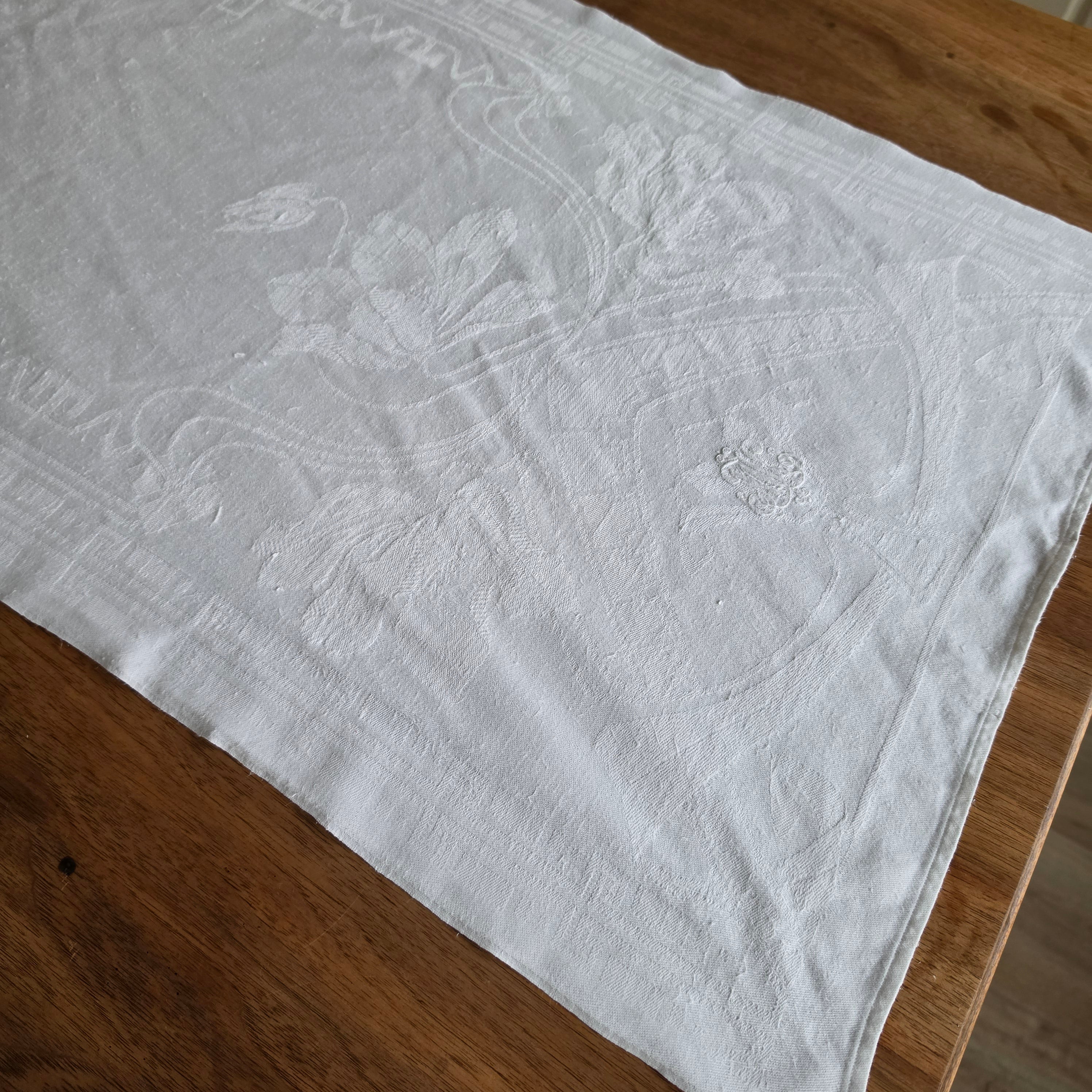 Antikes Jugendstil Damast-Geschirrtuch mit handgesticktem Monogramm – Um 1900 - 49x112cm