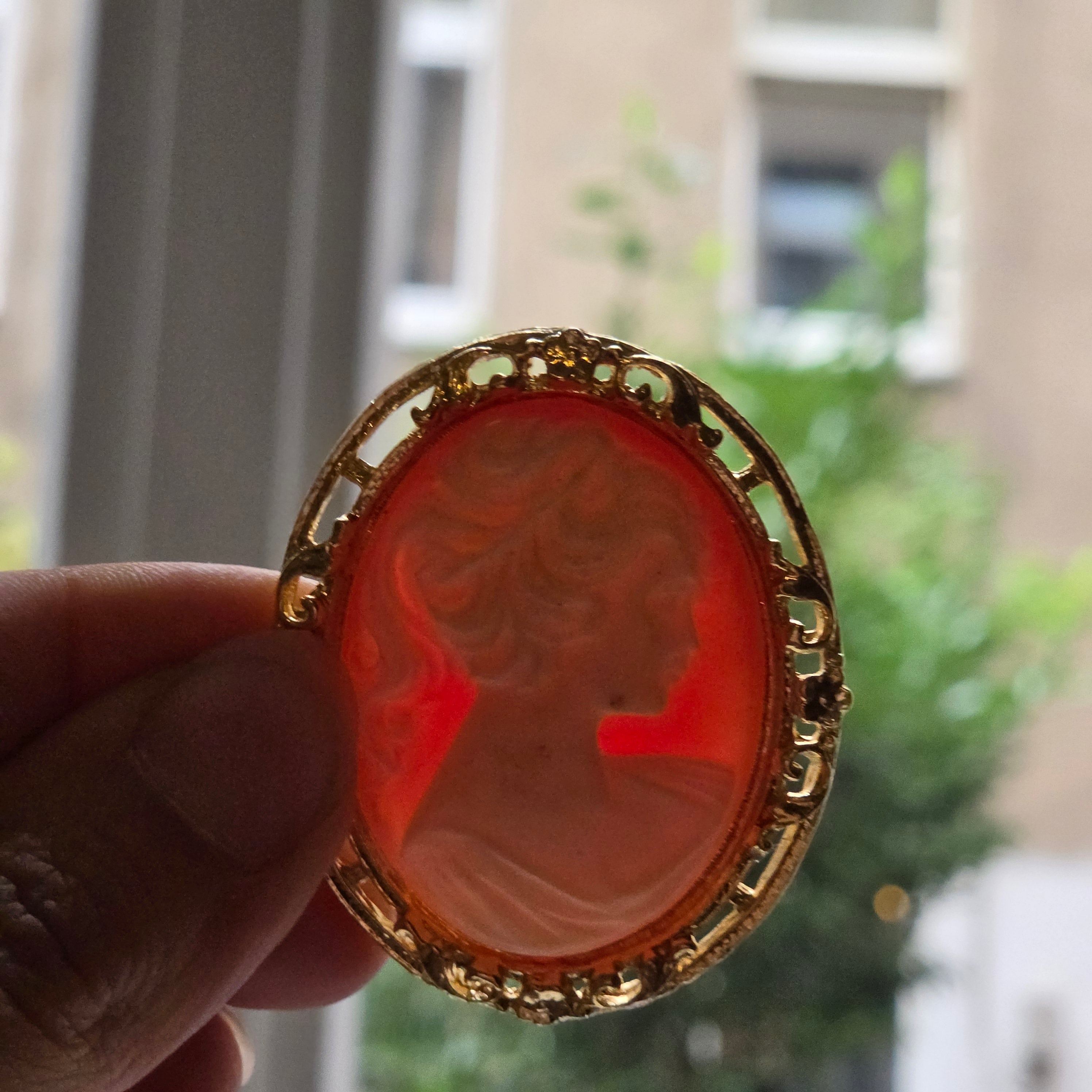 Elegante Vintage-Kamee-Brosche im Goldrahmen – Klassische Frauen-Silhouette auf rötlichem Hintergrund