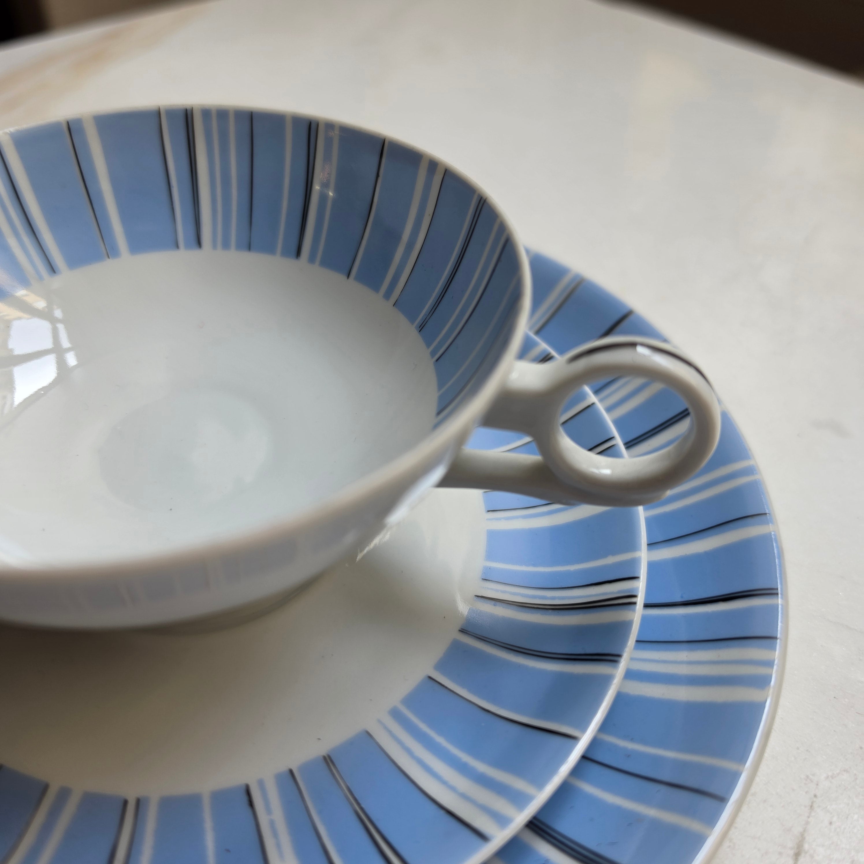Vintage Wallendorf Porzellan Gedeck 3-teilig – 50er/60er Mid-Century Streifendekor Hellblau