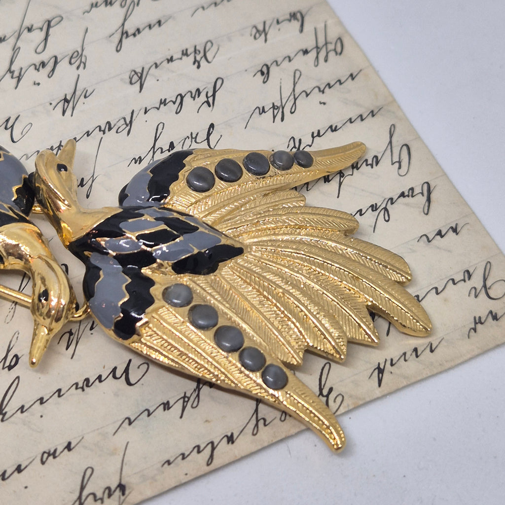 Vintage Gürtelschnalle 2-Teilig Trachtenschnalle Taillengürtel aus den 80ern-Handmade aus Berlin gold grau Schwan Kranich Vogel