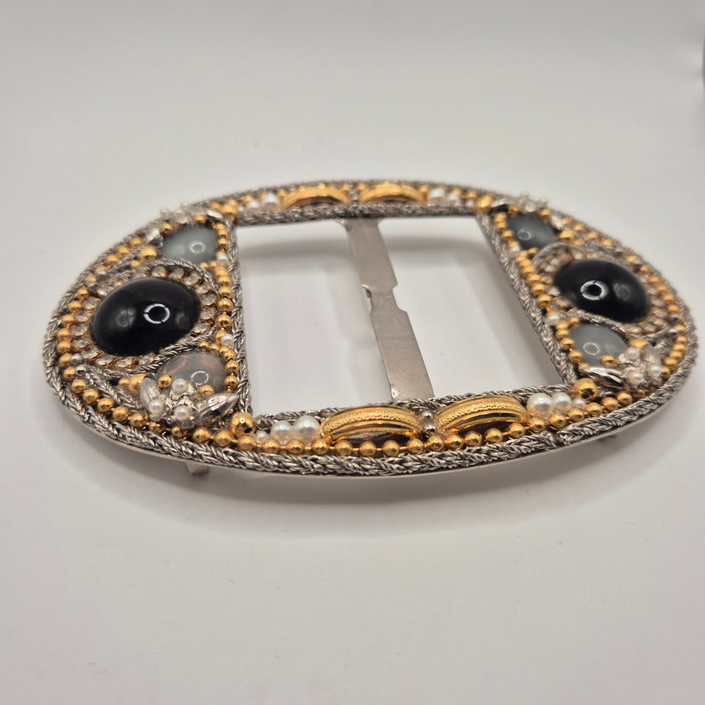 Große Vintage 80er Jahre Gürtelschnalle Oval Handmade rot schwarz gold