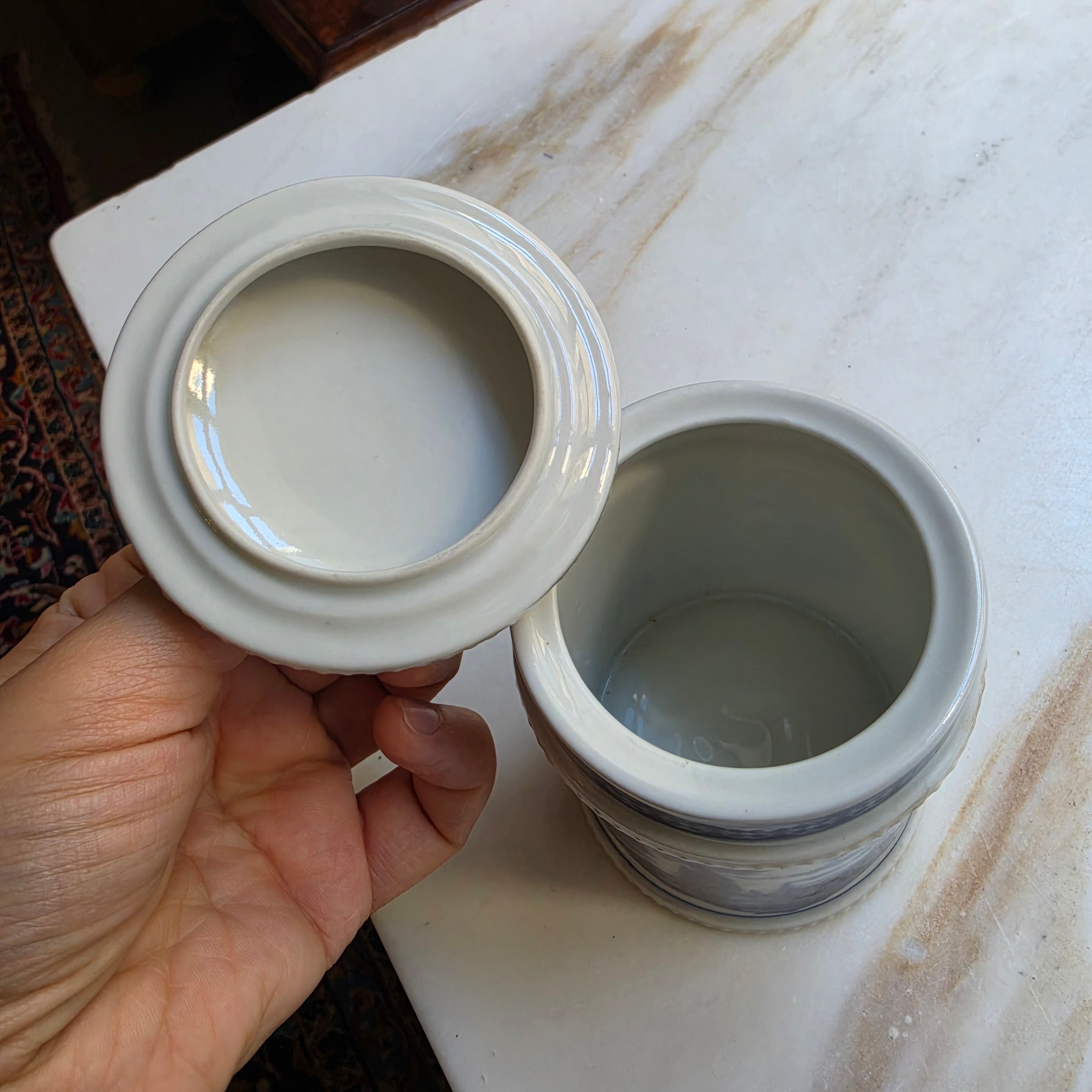 Alte Porzellan Deckeldose Echt Kobalt Fine China Lichte Schiffsmotiv Mühle Hafen