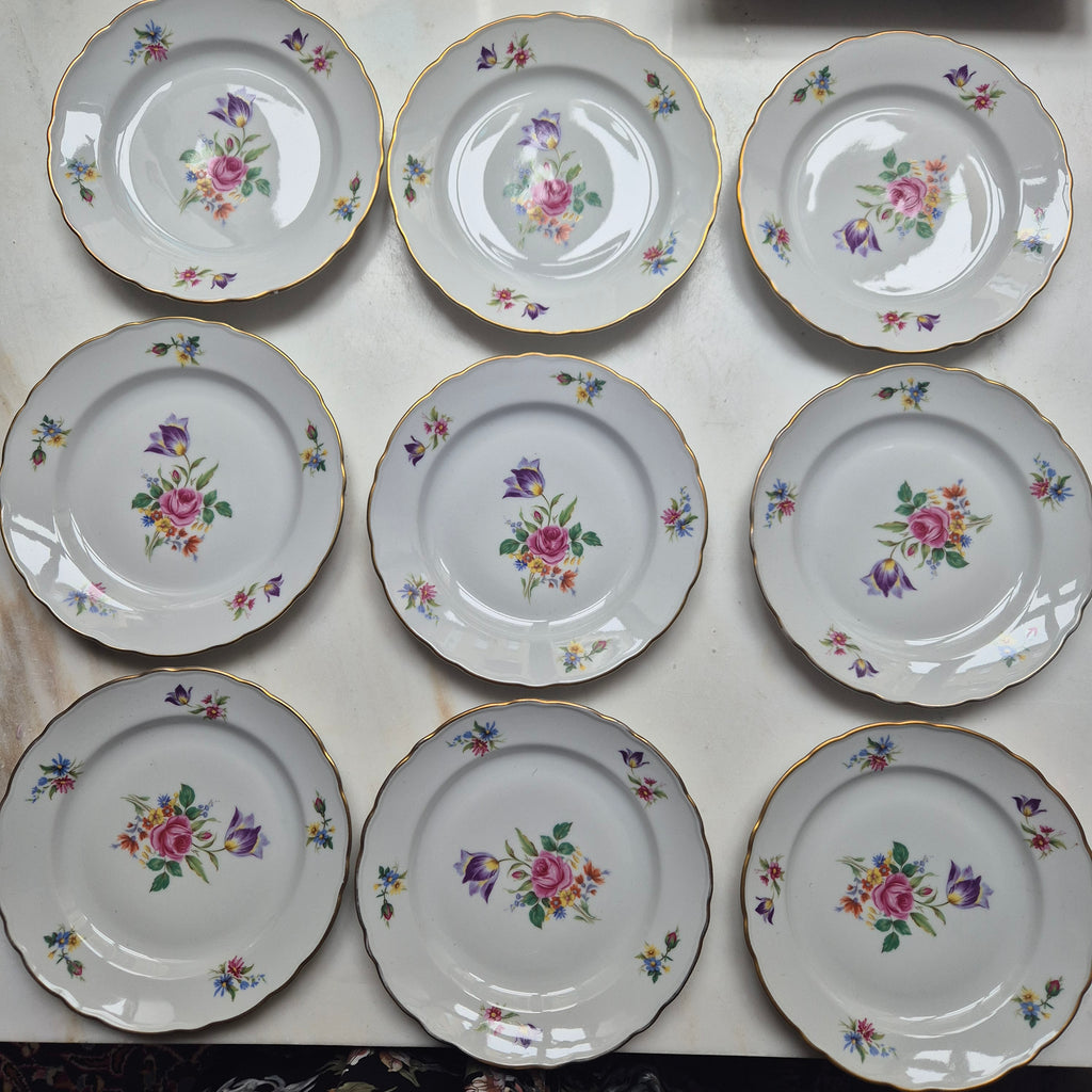 9x Antike Bavaria Porzellan Kuchenteller mit Blumenmotiv Goldrand