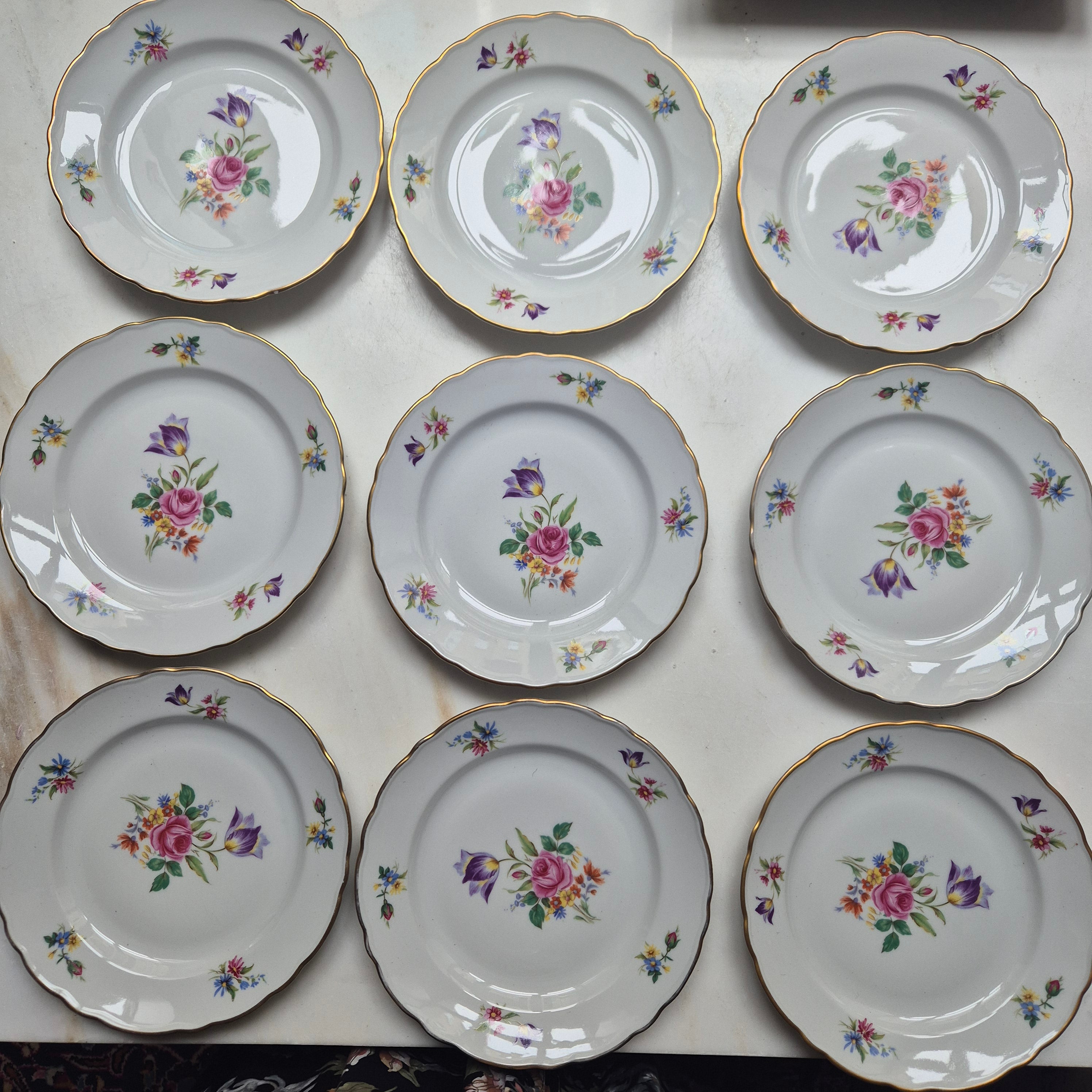 9x Antike Bavaria Porzellan Kuchenteller mit Blumenmotiv Goldrand