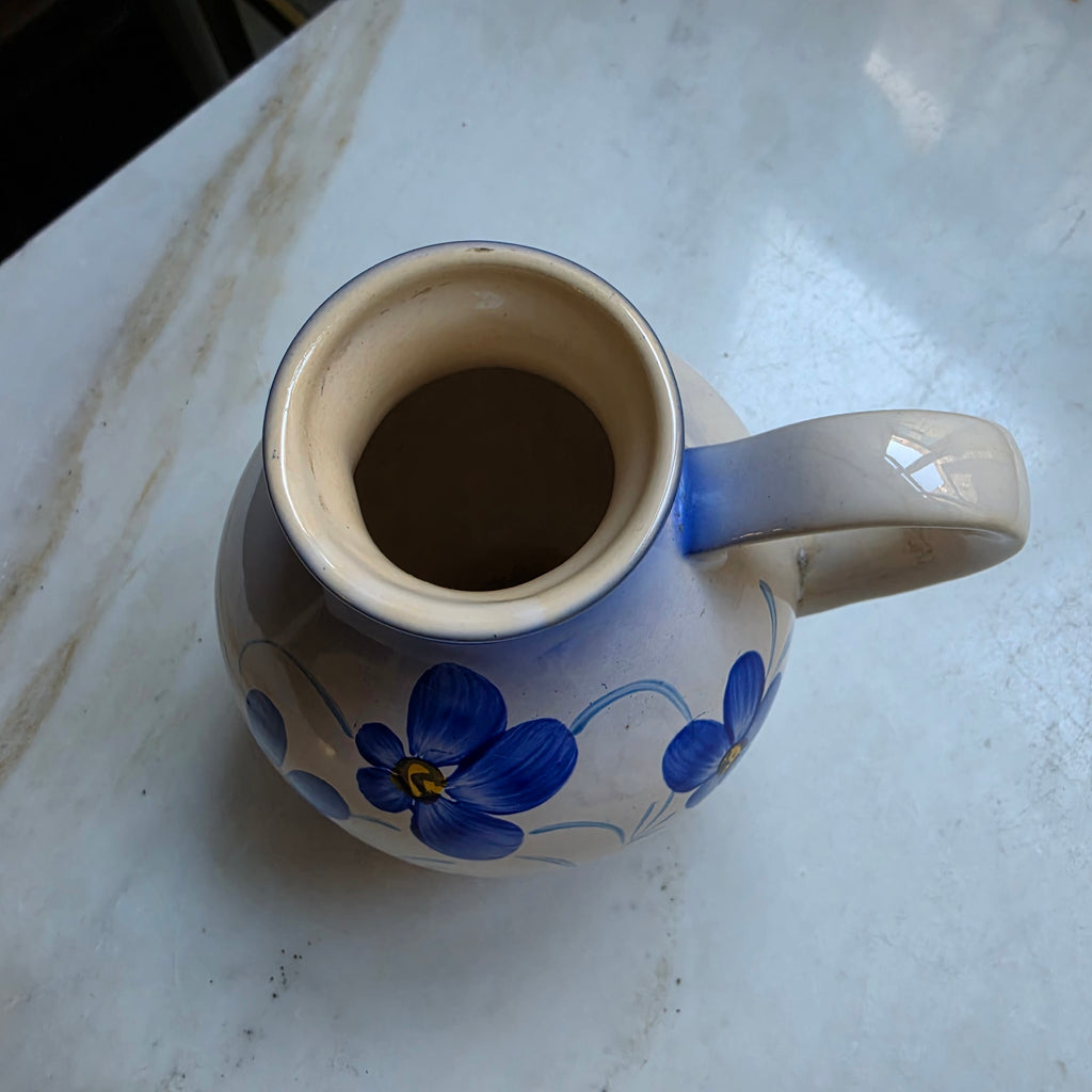 Handbemalte Vintage Vase Keramik mit Henkel - blau und Blumen Veilchen