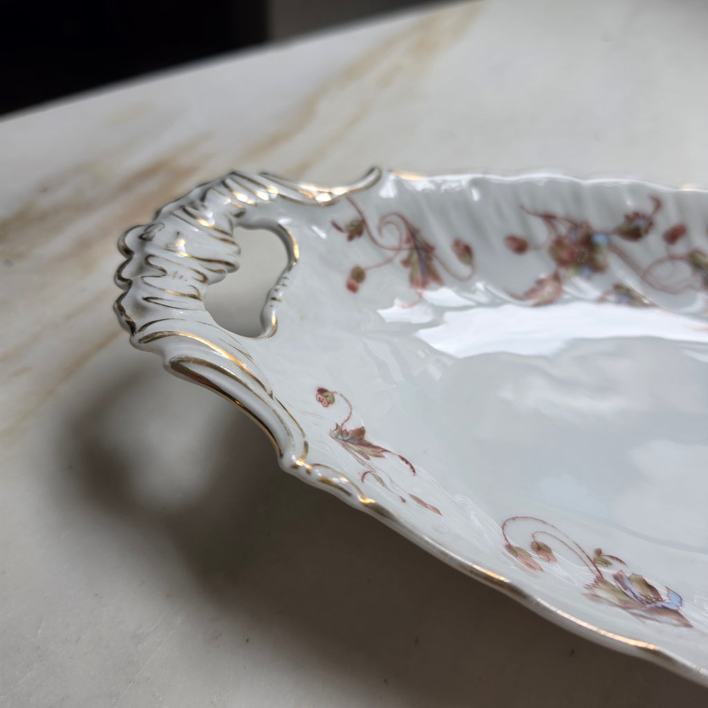 Antike Porzellan-Anbietschale mit floralem Dekor & Goldrand – Vintage Servierschale - Oval
