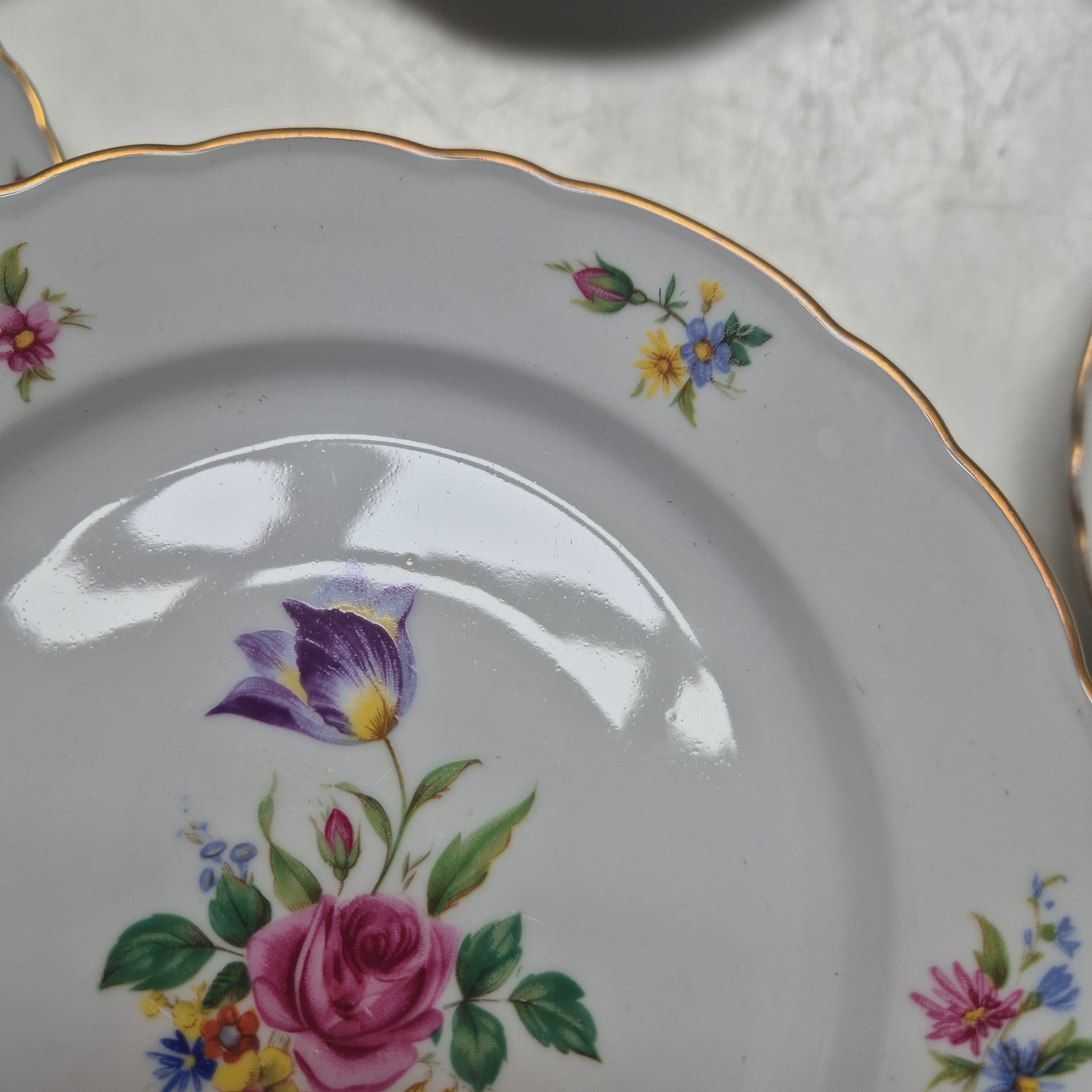 9x Antike Bavaria Porzellan Kuchenteller mit Blumenmotiv Goldrand
