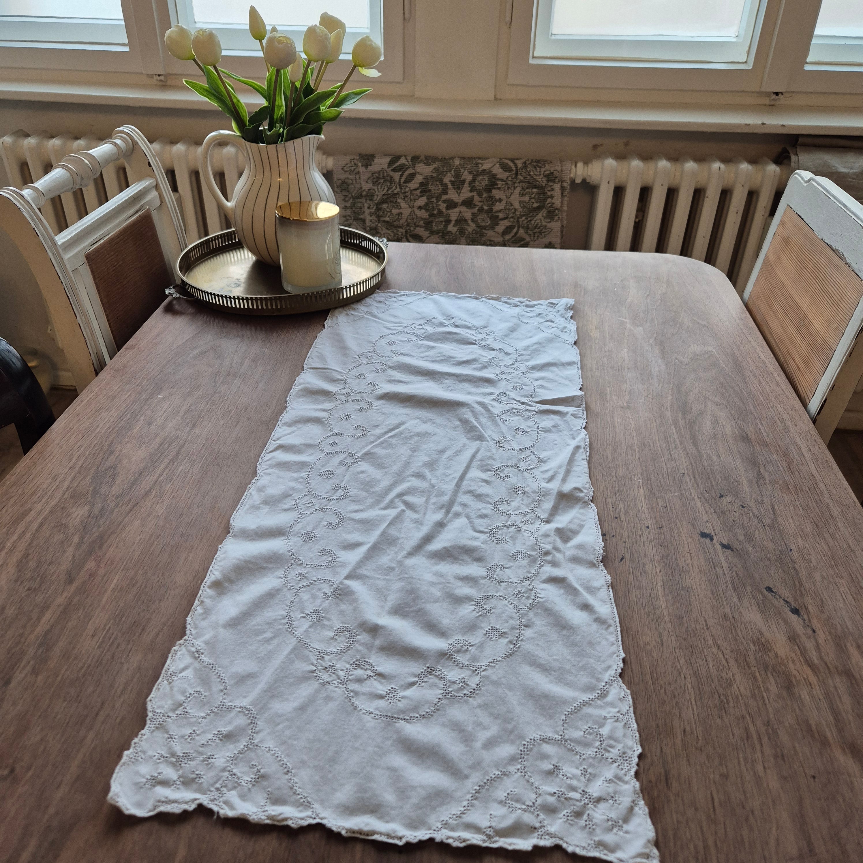Antiker Handgemachter Tischläufer Zierdeckchen Spitze 80x34cm weiß 🤍