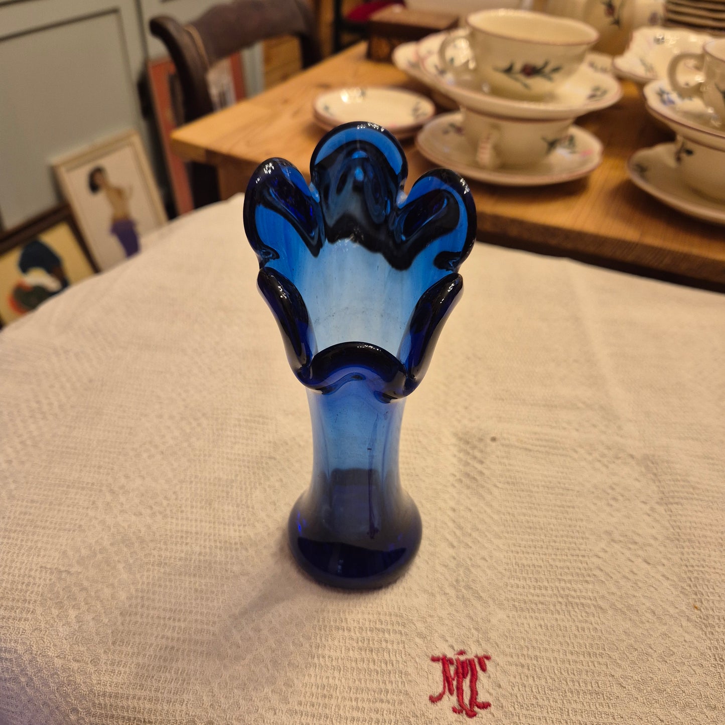 Vintage Glas Vase Glaskunst blau  Mid Century Swing 5 Finger Design Stretch