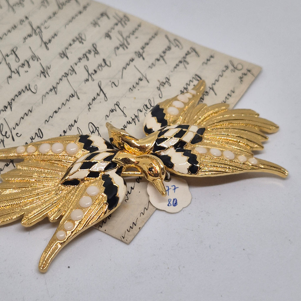 Vintage Gürtelschnalle 2-Teilig Trachtenschnalle Taillengürtel aus den 80ern-Handmade aus Berlin gold schwarz weiß Schwan Kranich Vogel