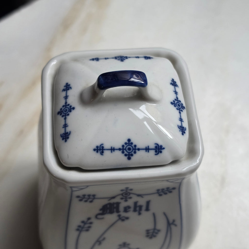 Antike Mehldose aus Porzellan mit Deckel – Zwiebelmuster / Strohmuster Blau-Weiß – Vintage Vorratsdose Küche