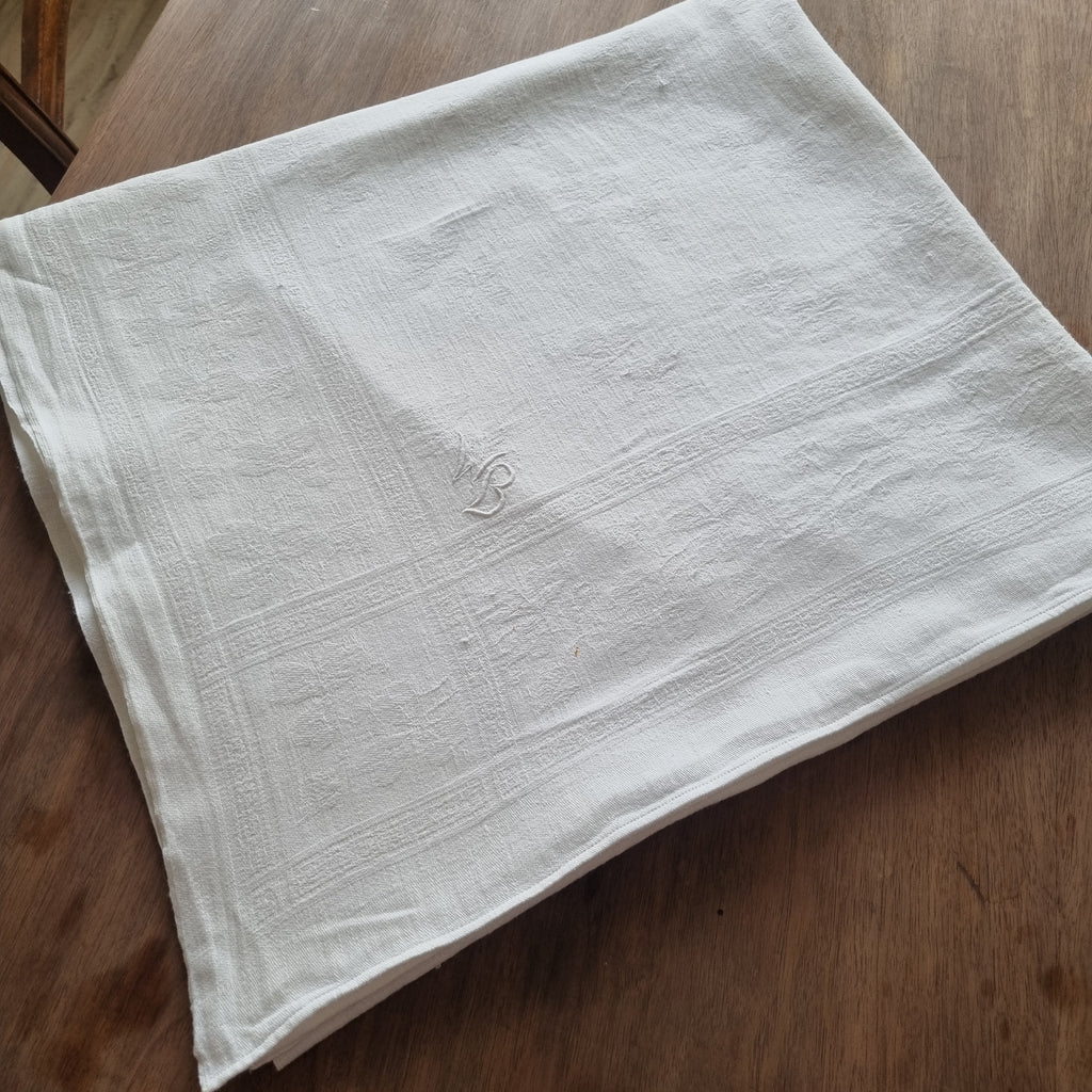 Antike Jugendstil Baumwolle/Leinen Tischdecke 105x190cm Monogramm W.B. cremeweiß 🤍