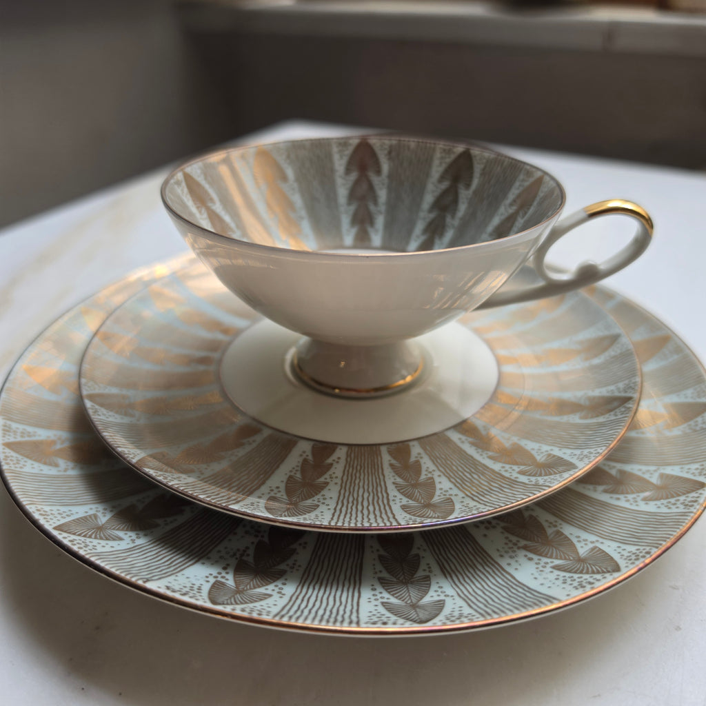 Vintage Alka Kunst Bavaria Sammeltasse 3-teilig | Mid-Century Porzellan Gedeck mit Golddekor & Stilvollem Muster (1950er/60er)