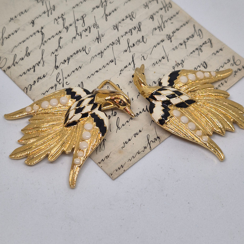 Vintage Gürtelschnalle 2-Teilig Trachtenschnalle Taillengürtel aus den 80ern-Handmade aus Berlin gold schwarz weiß Schwan Kranich Vogel
