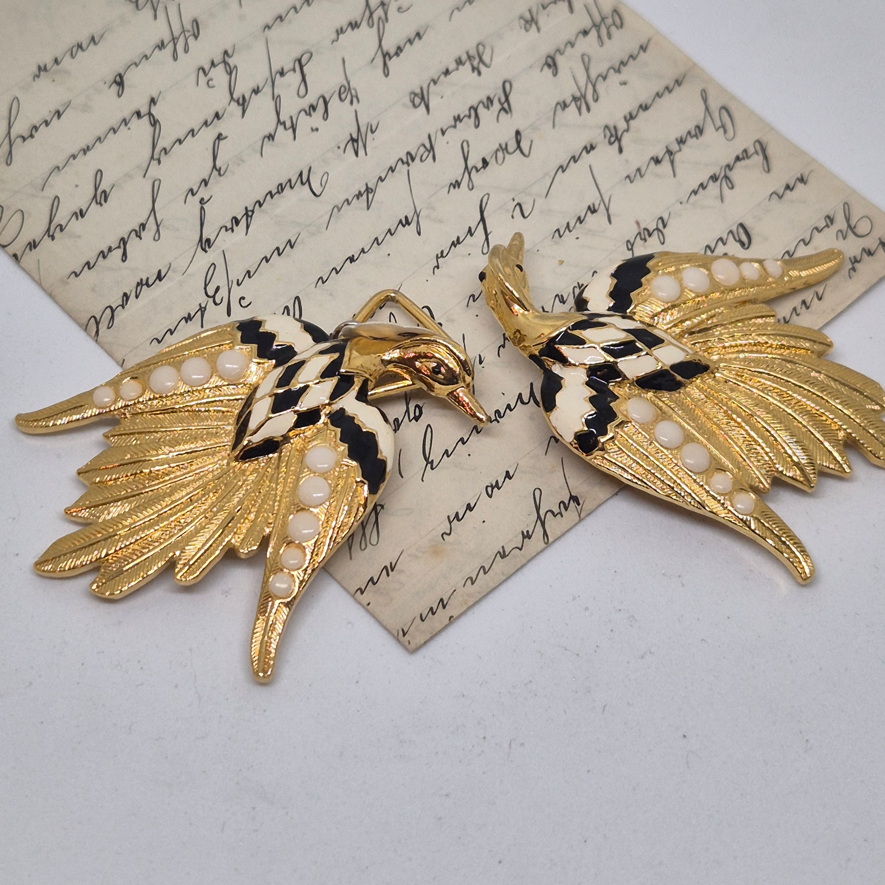 Vintage Gürtelschnalle 2-Teilig Trachtenschnalle Taillengürtel aus den 80ern-Handmade aus Berlin gold schwarz weiß Schwan Kranich Vogel