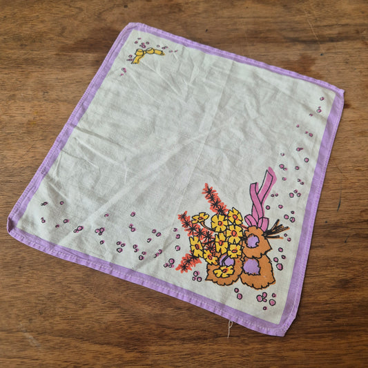 Vintage Stofftaschentuch weiß lila bedruckt DDR Baumwolle 25x26cm