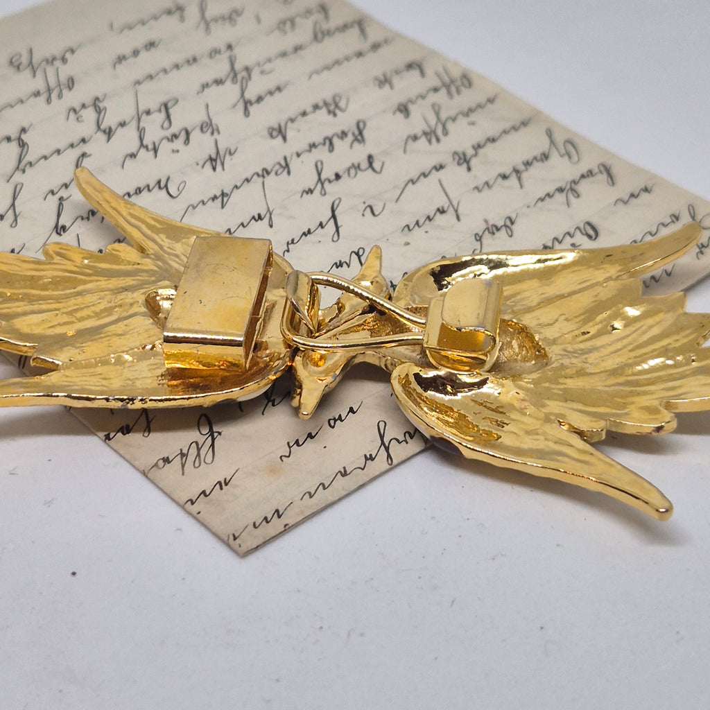 Vintage Gürtelschnalle 2-Teilig Trachtenschnalle Taillengürtel aus den 80ern-Handmade aus Berlin gold braun weiß Schwan Kranich Vogel