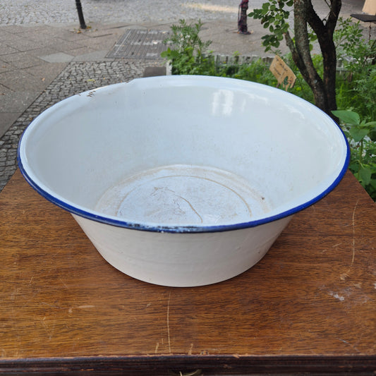 Große alte Waschschüssel Emaille weiß blau