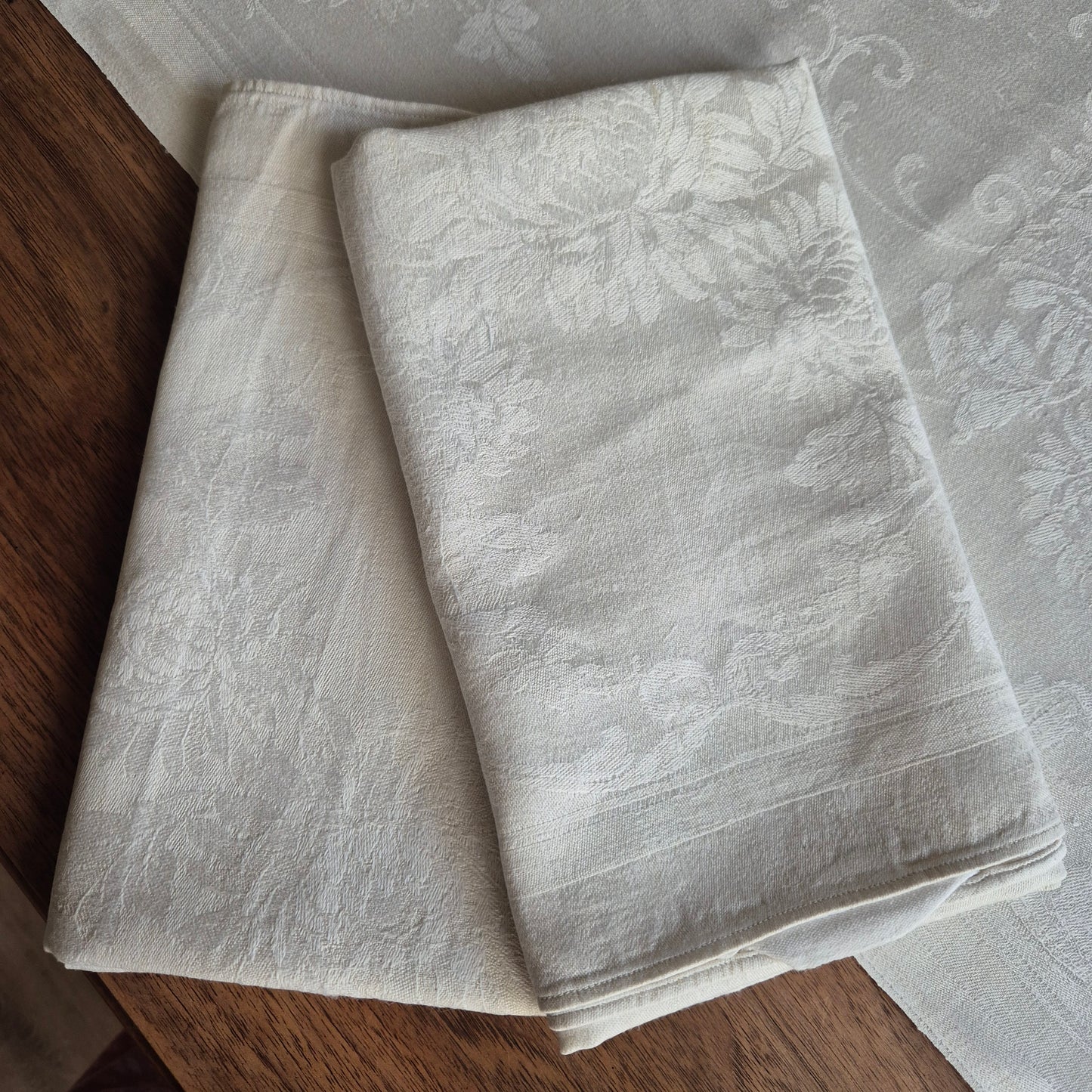 3x Antike Jugendstil Küchen-&Geschirrtücher cremeweiß Löwenzahnmotiv Damast Baumwolle