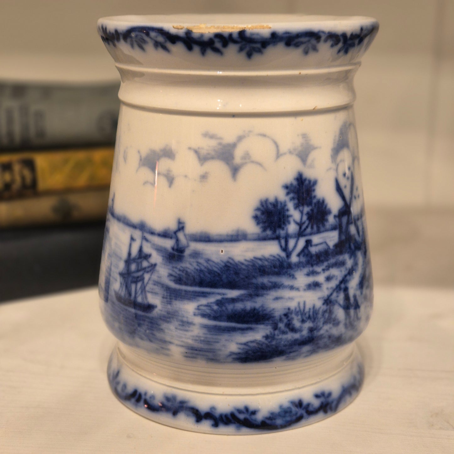 Antike H.H & Cie Delft Vorratsdose ohne Deckel blau weiß 120Jahre alt Kochlöffelhalter Aufschrift "Reis"