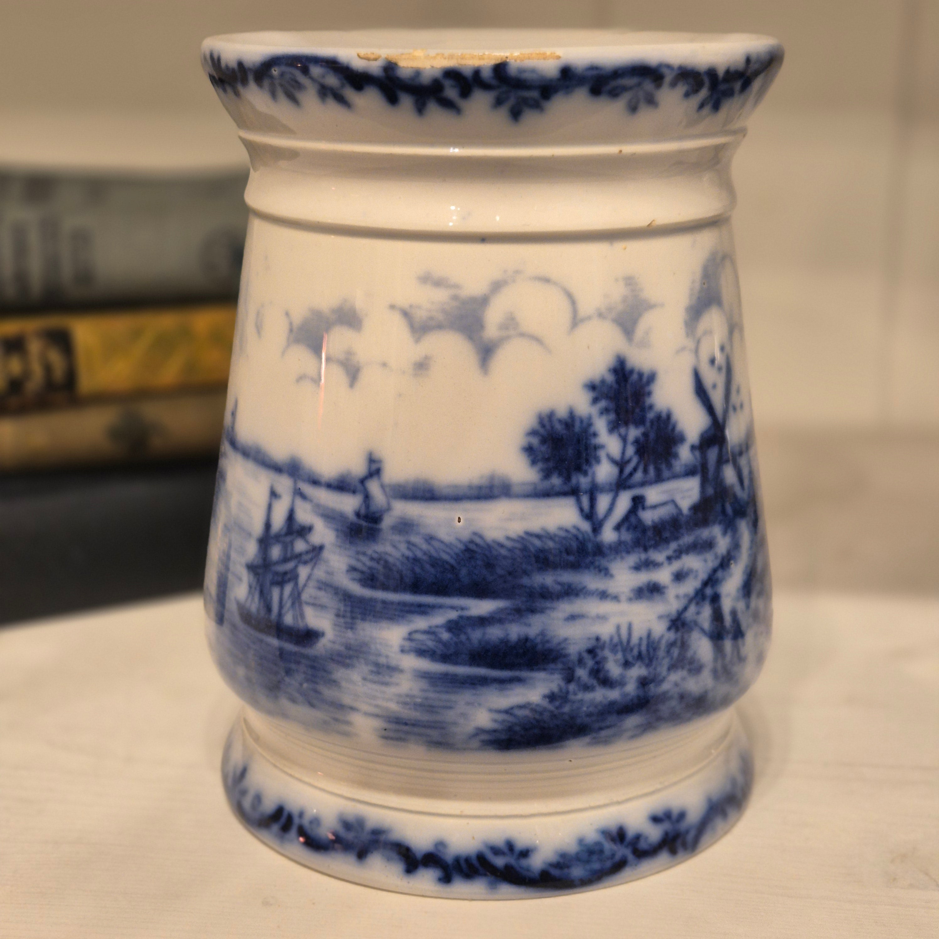 Antike H.H & Cie Delft Vorratsdose ohne Deckel blau weiß 120Jahre alt Kochlöffelhalter Aufschrift "Reis"