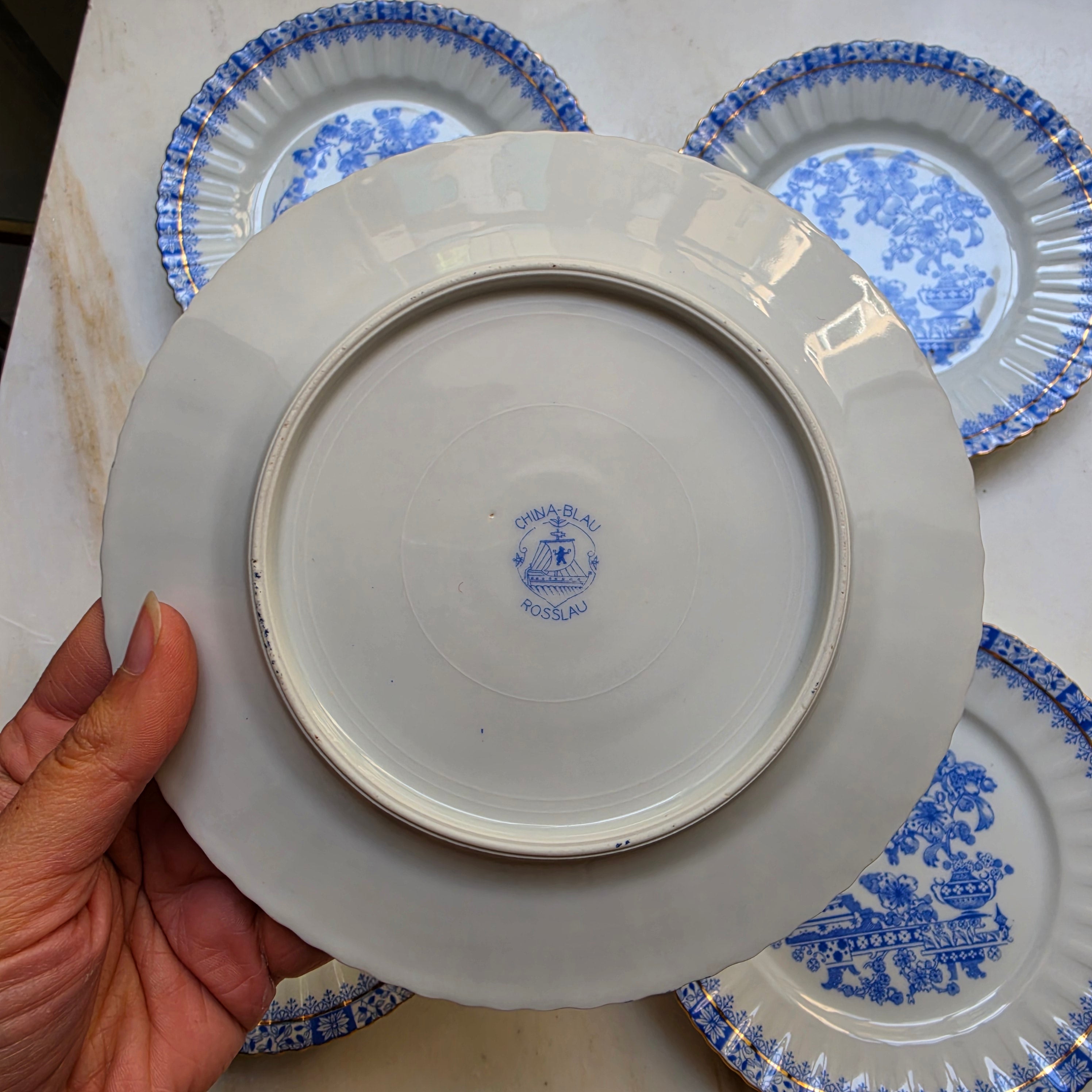 5x Antike Kuchenteller Echt Tuppack China Blau Tiefenfurt Blau Weiß & Rosslau