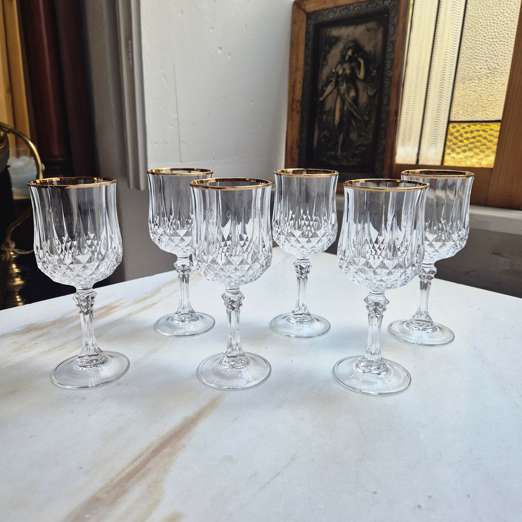 6x Vintage Bleikristall Weingläser mit Goldrand