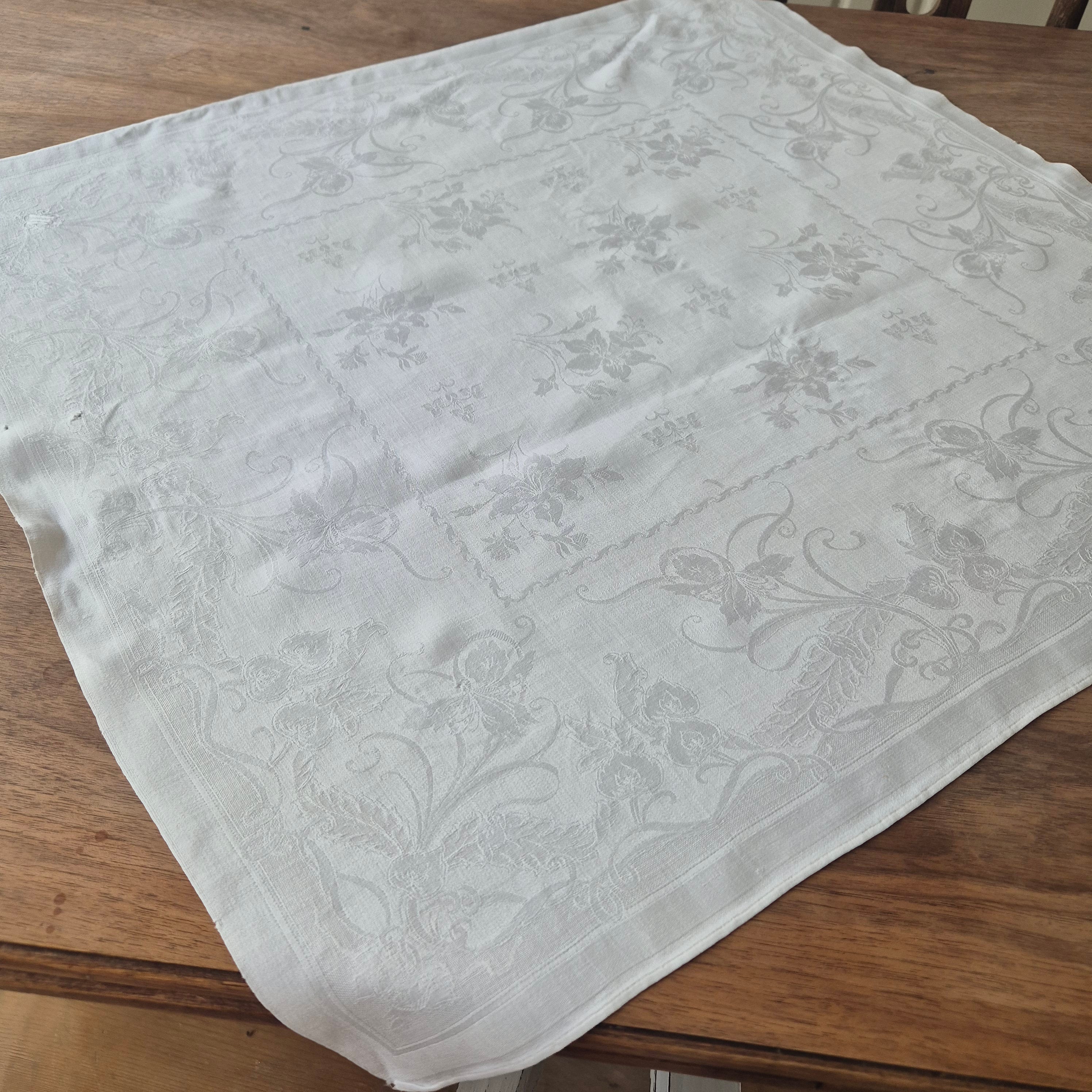 Antike Jugendstil Serviette Damast Baumwolle Monogramm M.weiß 71x68cm