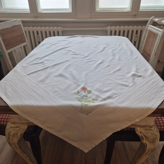 Vintage Baumwolle Tischdecke von 1982 weiß mit Blumendruck  126x126cm