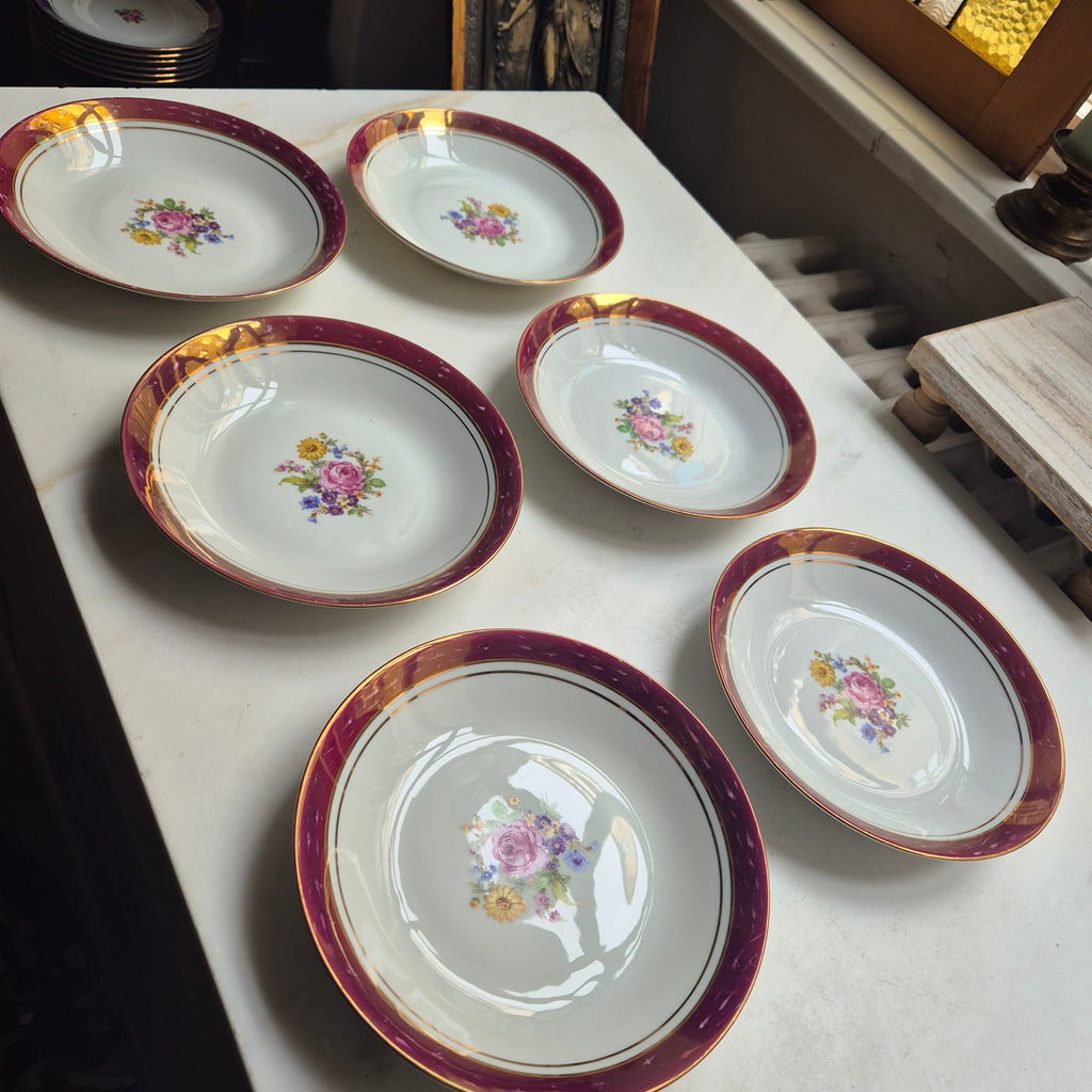 6x Antike tiefe Speiseteller Blumendekor weiß mit lila Goldrand