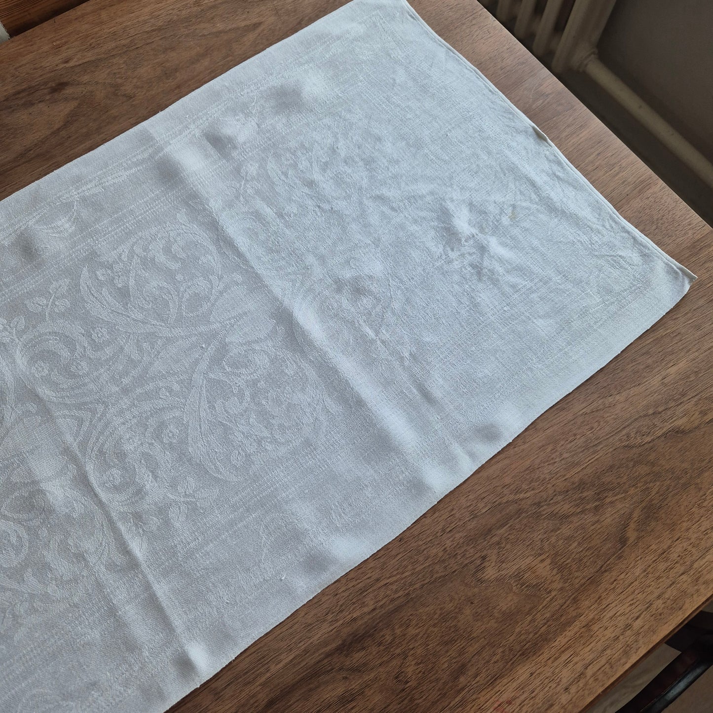 Antikes Jugendstil Küchen-&Geschirrtuch weiß Damast Baumwolle 108x47cm Ornamente