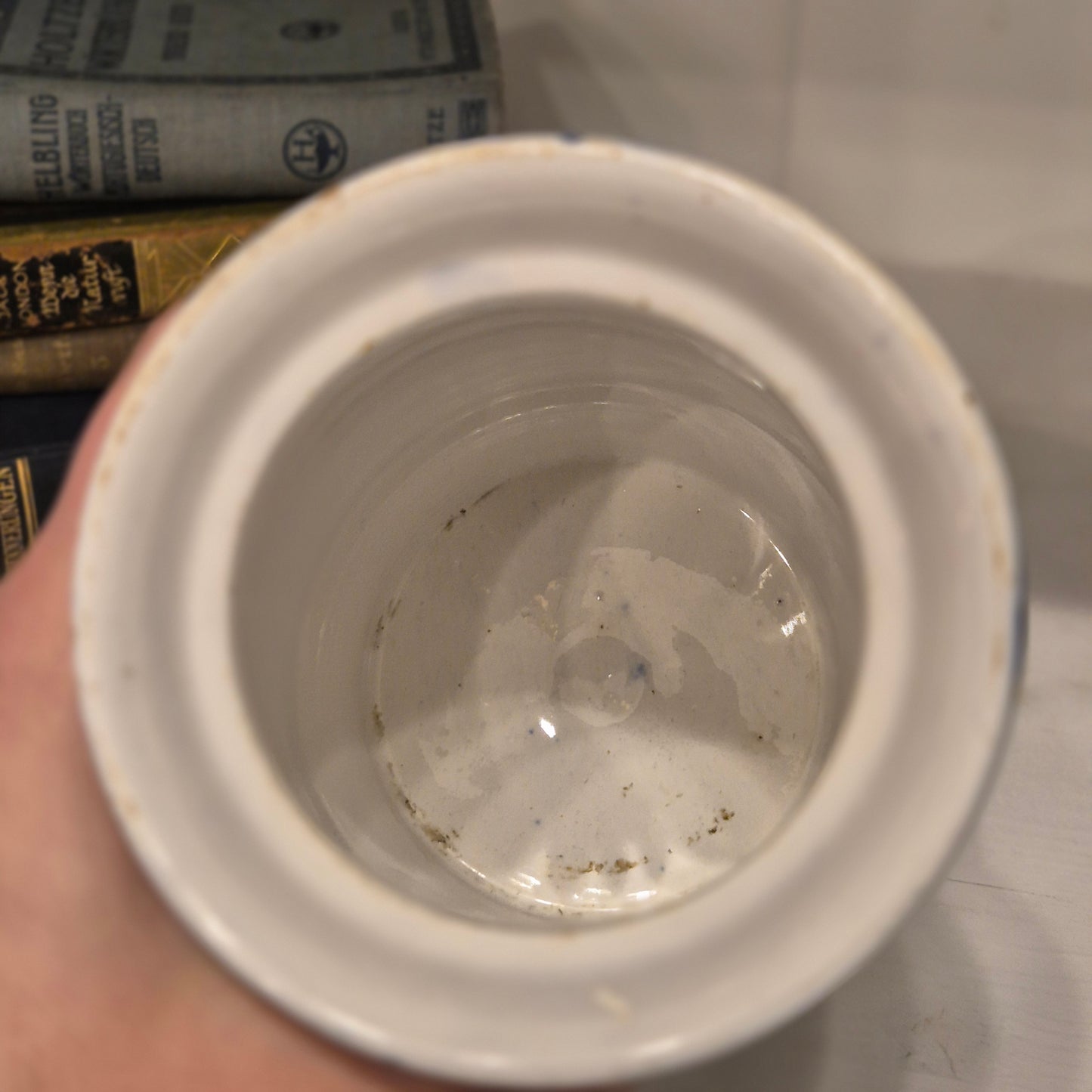 Antike H.H & Cie Delft Vorratsdose ohne Deckel blau weiß 120Jahre alt Kochlöffelhalter Aufschrift "Bohnen"