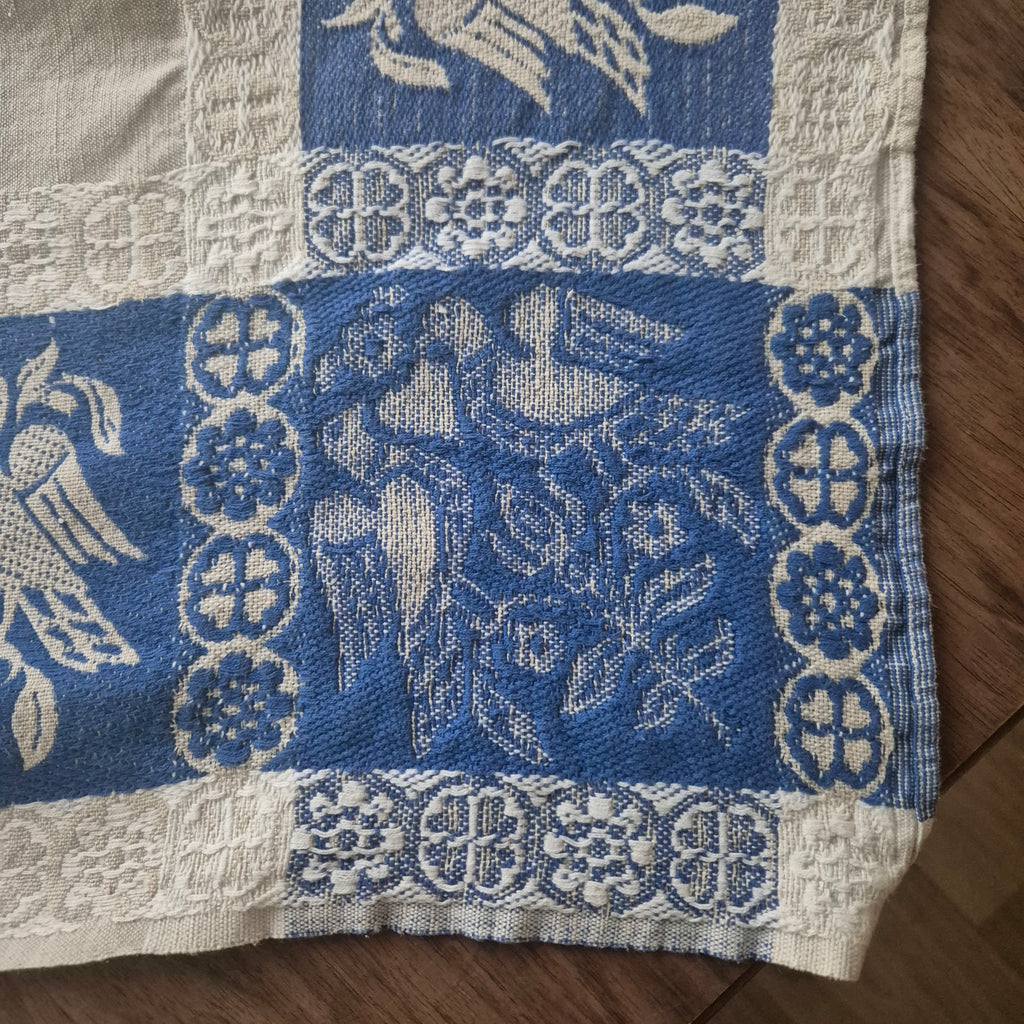 Antikes Jugendstil blau weißes Leinen Tuch Tischdecke Tauben Liebe 93x93cm