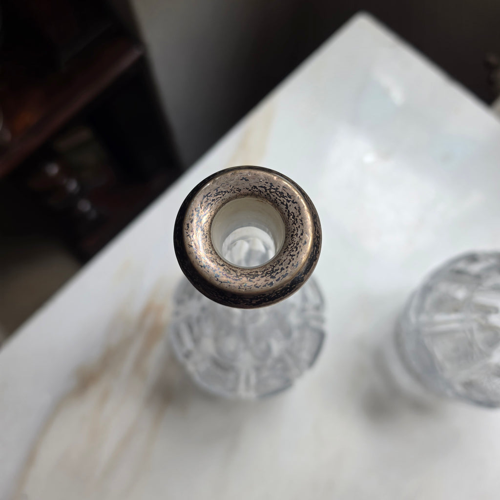 Antike Kristall-Karaffe mit Silberfassung & Facettenschliff-Stopfen-Vintage Dekanter