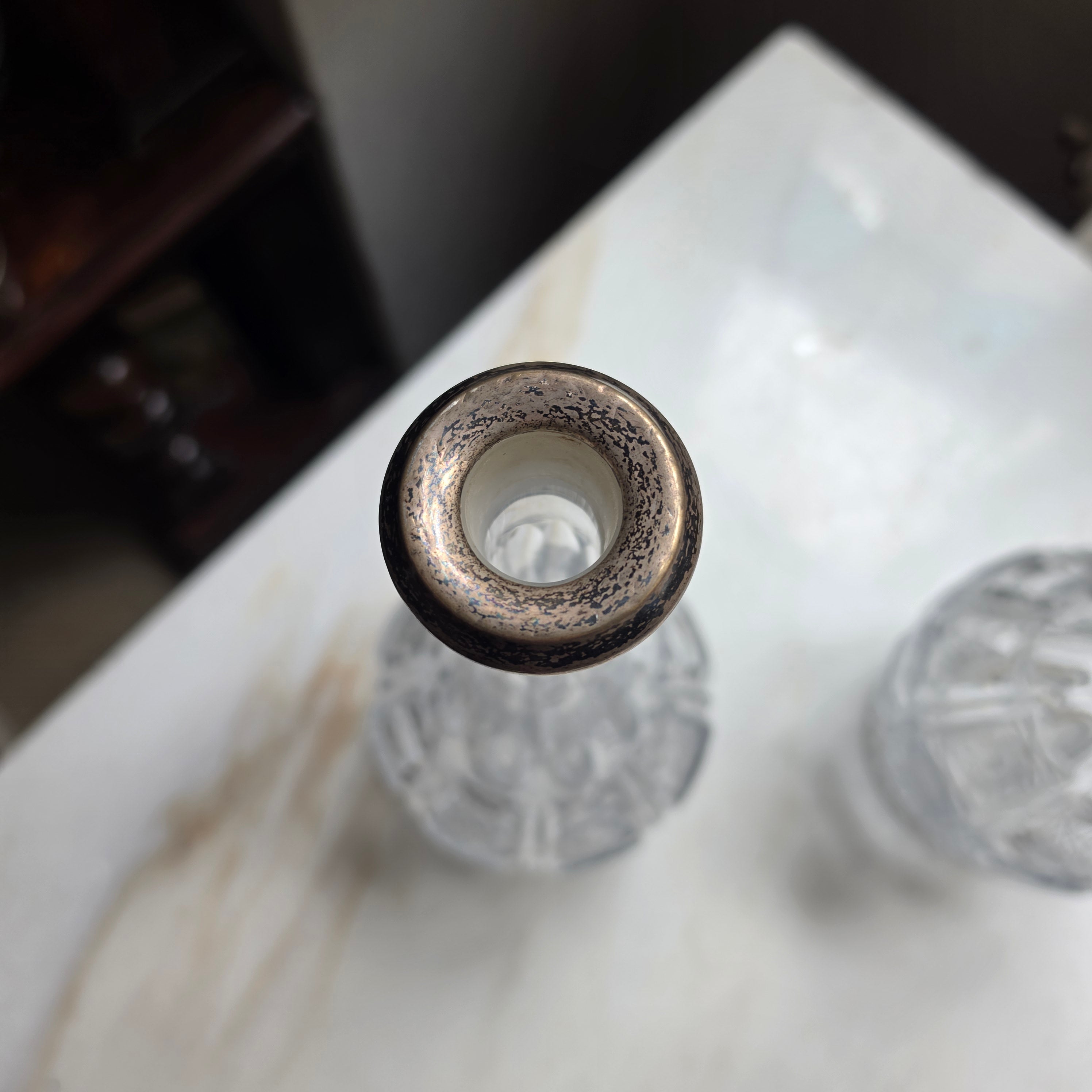 Antike Kristall-Karaffe mit Silberfassung & Facettenschliff-Stopfen-Vintage Dekanter