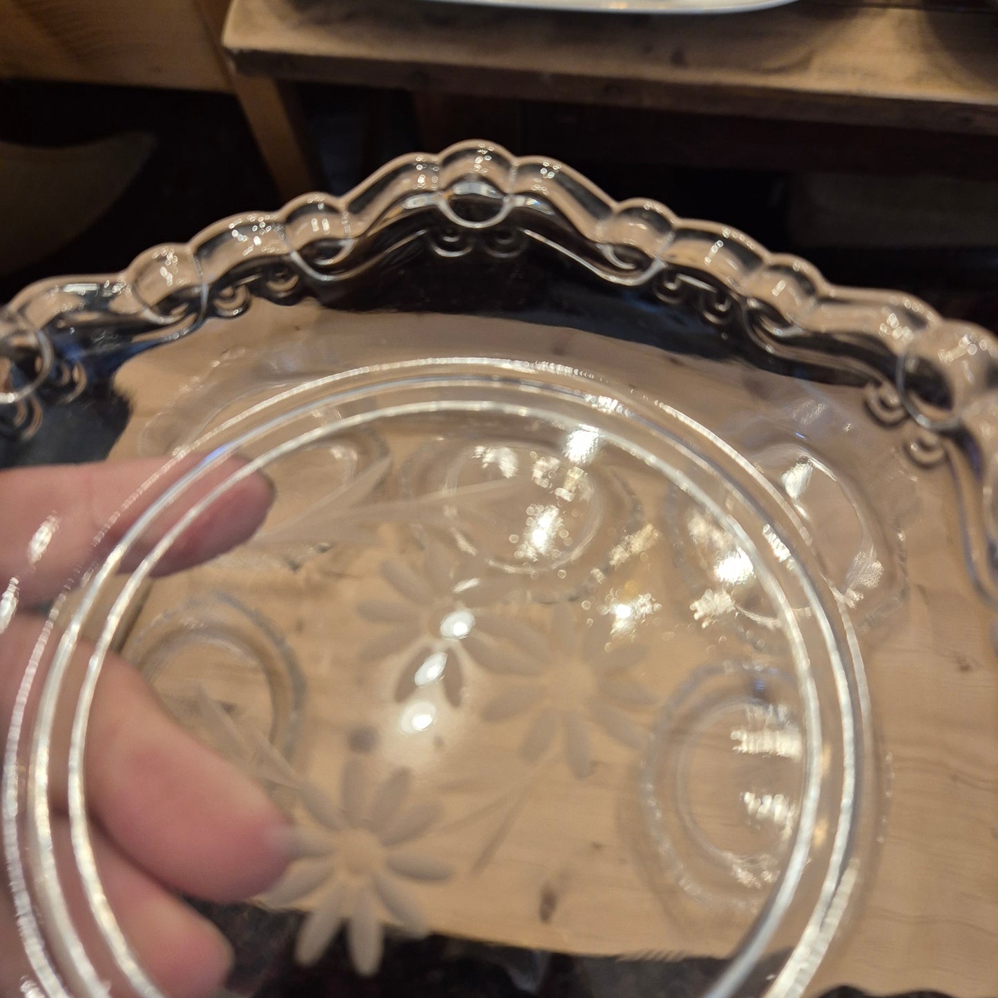 6x Vintage Glas oder Bleikristall Schalen Kuchen Teller mit Blumenmuster