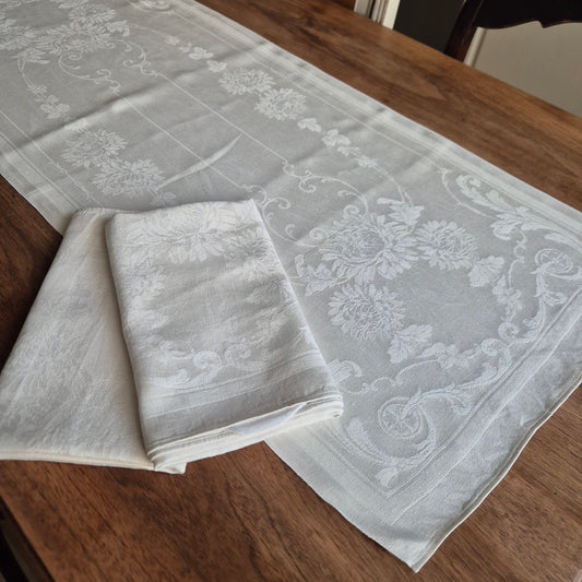 3x Antike Jugendstil Küchen-&Geschirrtücher cremeweiß Löwenzahnmotiv Damast Baumwolle