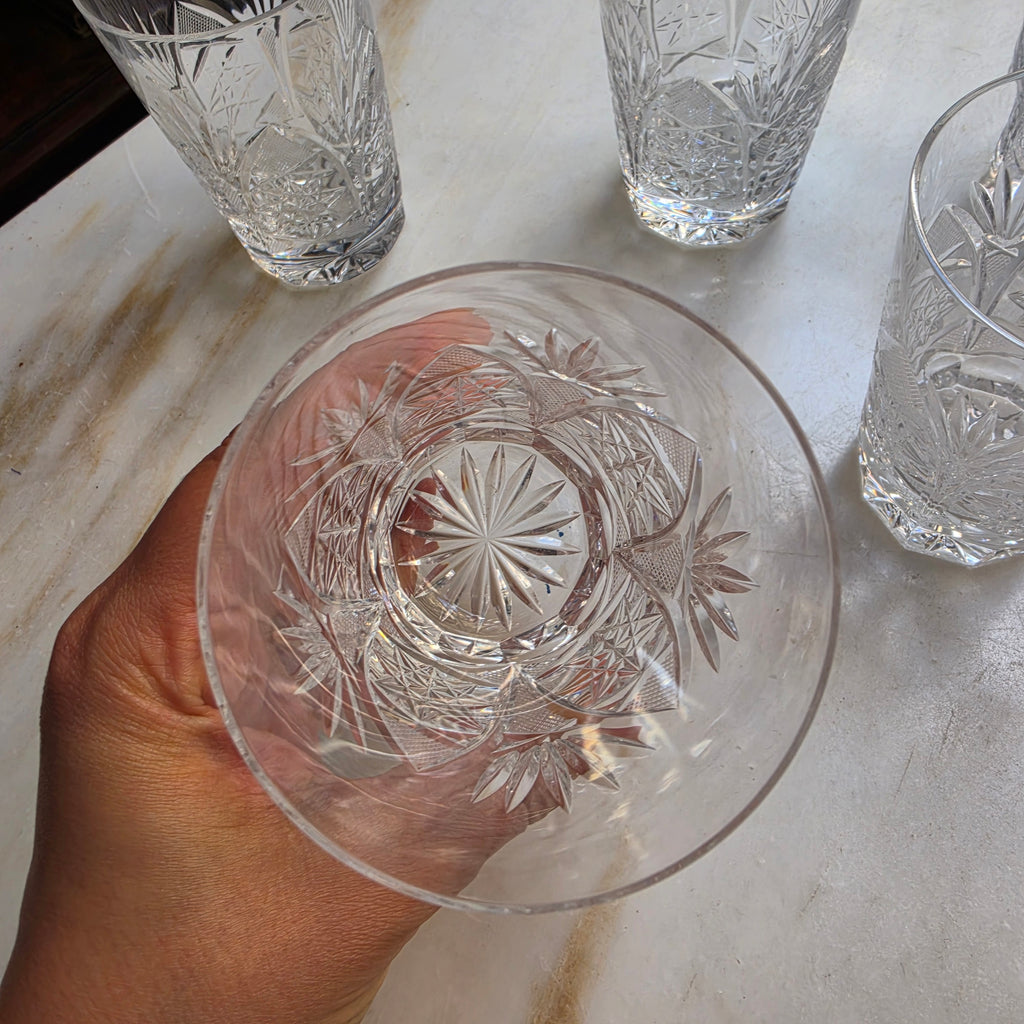 5x Vintage Kristall Whisky Gläser mit Sternschliff