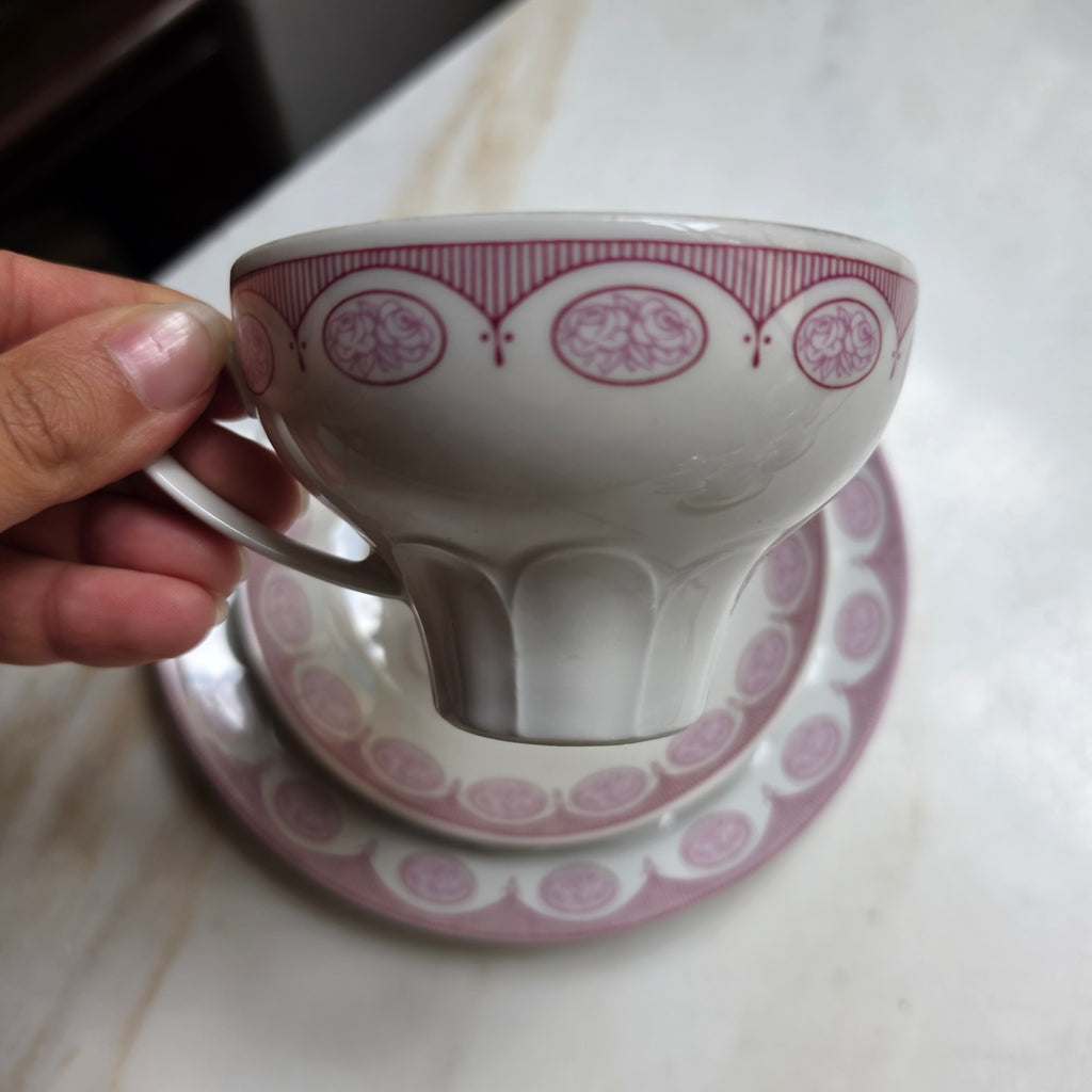 Vintage Lettin Porzellan Sammelgedeck (3-teilig) – Altrosa Rosendekor & Relief