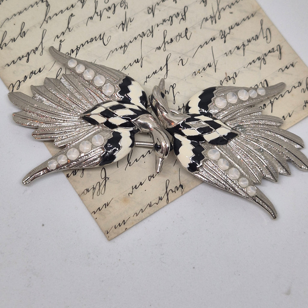 Vintage Gürtelschnalle 2-Teilig Trachtenschnalle Taillengürtel aus den 80ern-Handmade aus Berlin silber weiß schwarz Schwan Kranich Vogel