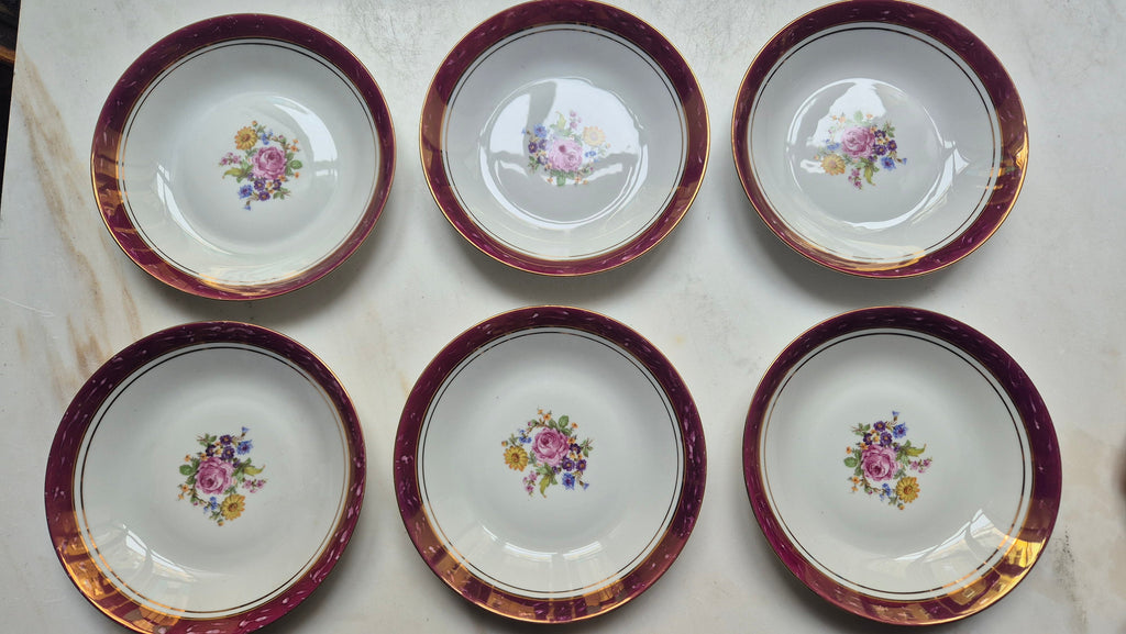 6x Antike tiefe Speiseteller Blumendekor weiß mit lila Goldrand