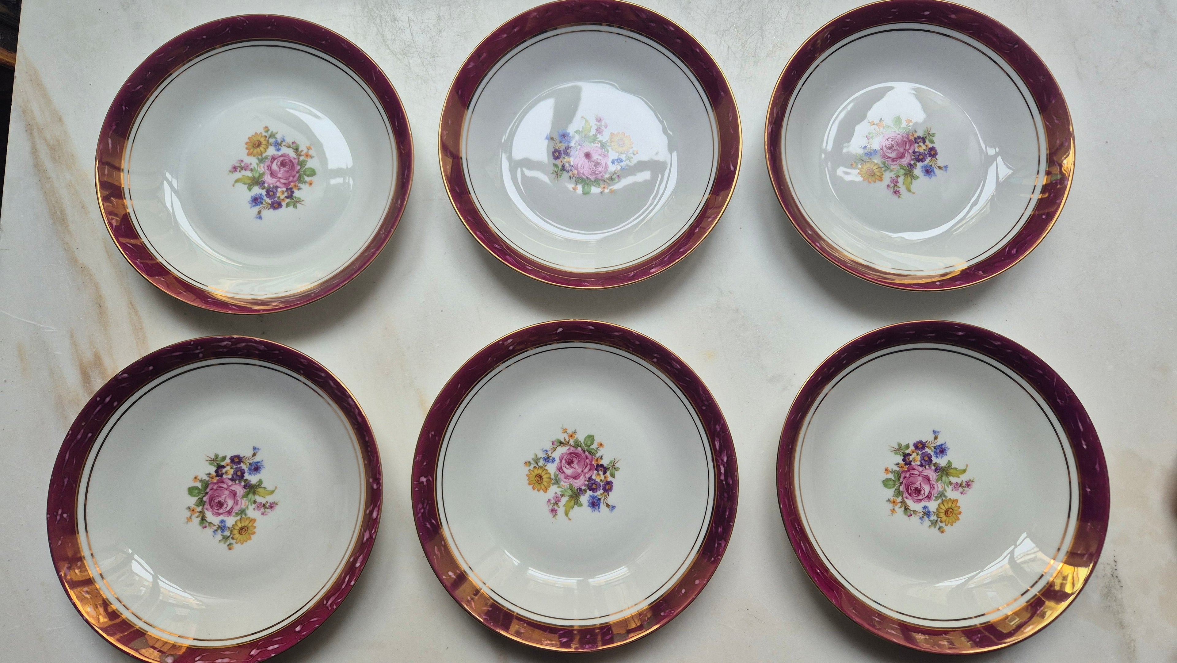 6x Antike tiefe Speiseteller Blumendekor weiß mit lila Goldrand