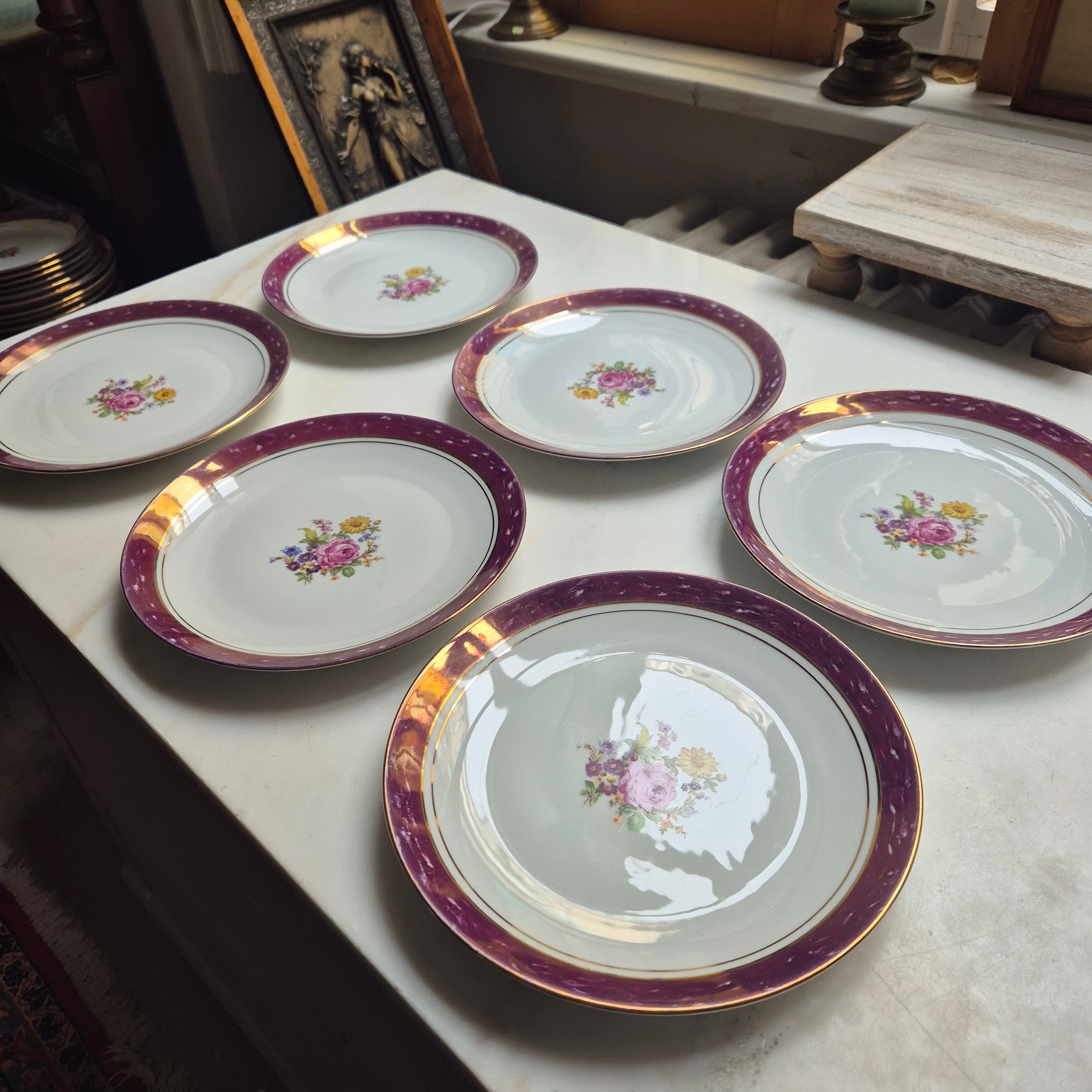 6x Antike flache Speiseteller Blumendekor weiß mit lila Goldrand