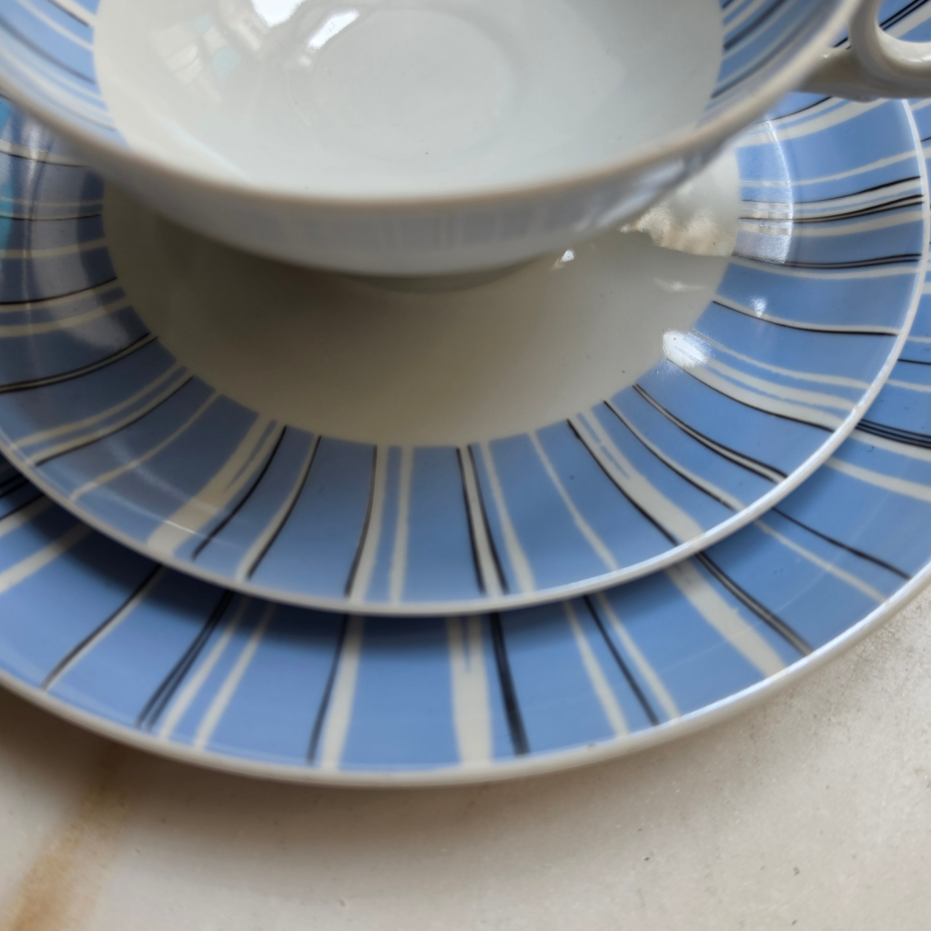 Vintage Wallendorf Porzellan Gedeck 3-teilig – 50er/60er Mid-Century Streifendekor Hellblau